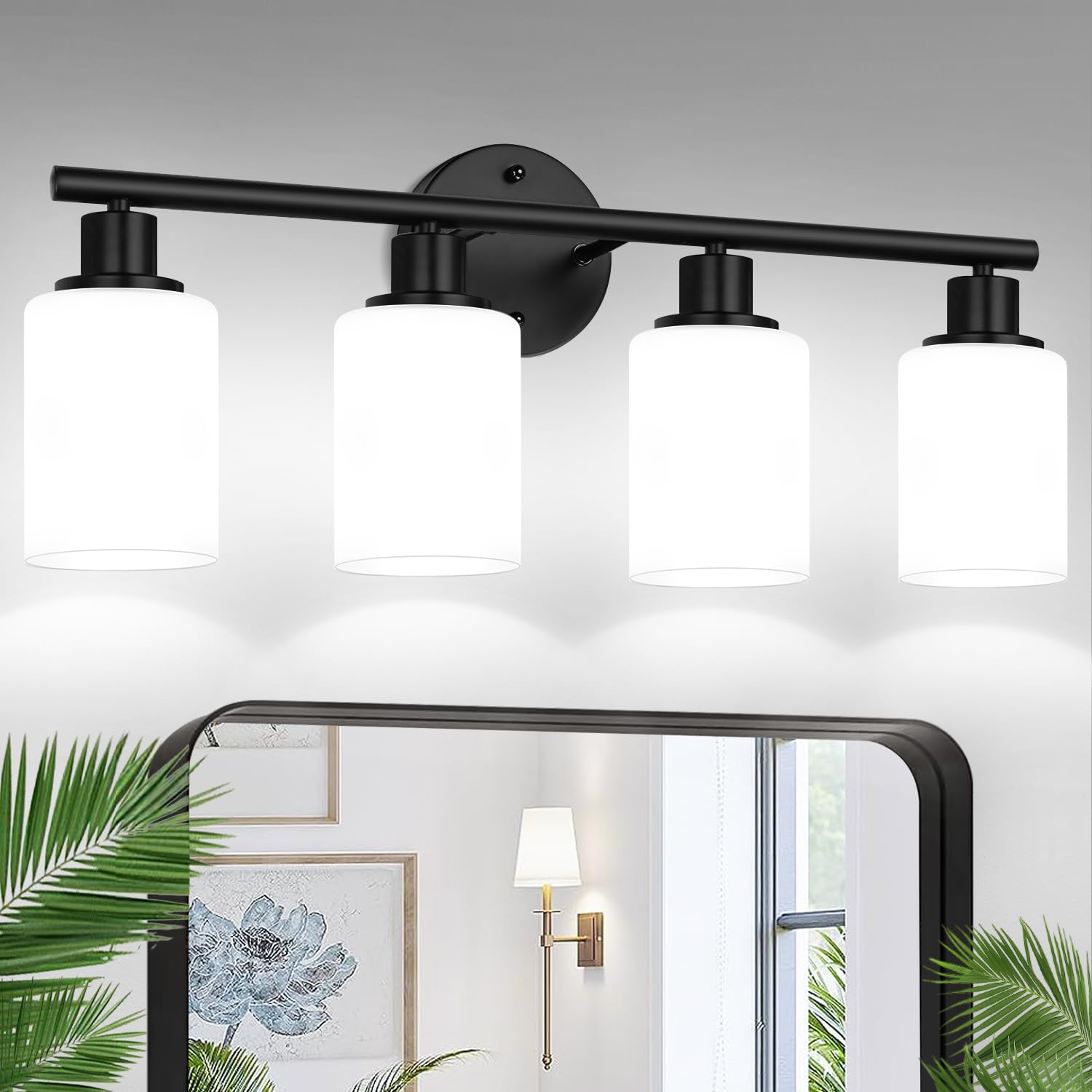 Zarbitta 4-Light Bathroom Light Fixtures, Black Vanity Lights with Milky White Glass Shades, Model OMTYX-016