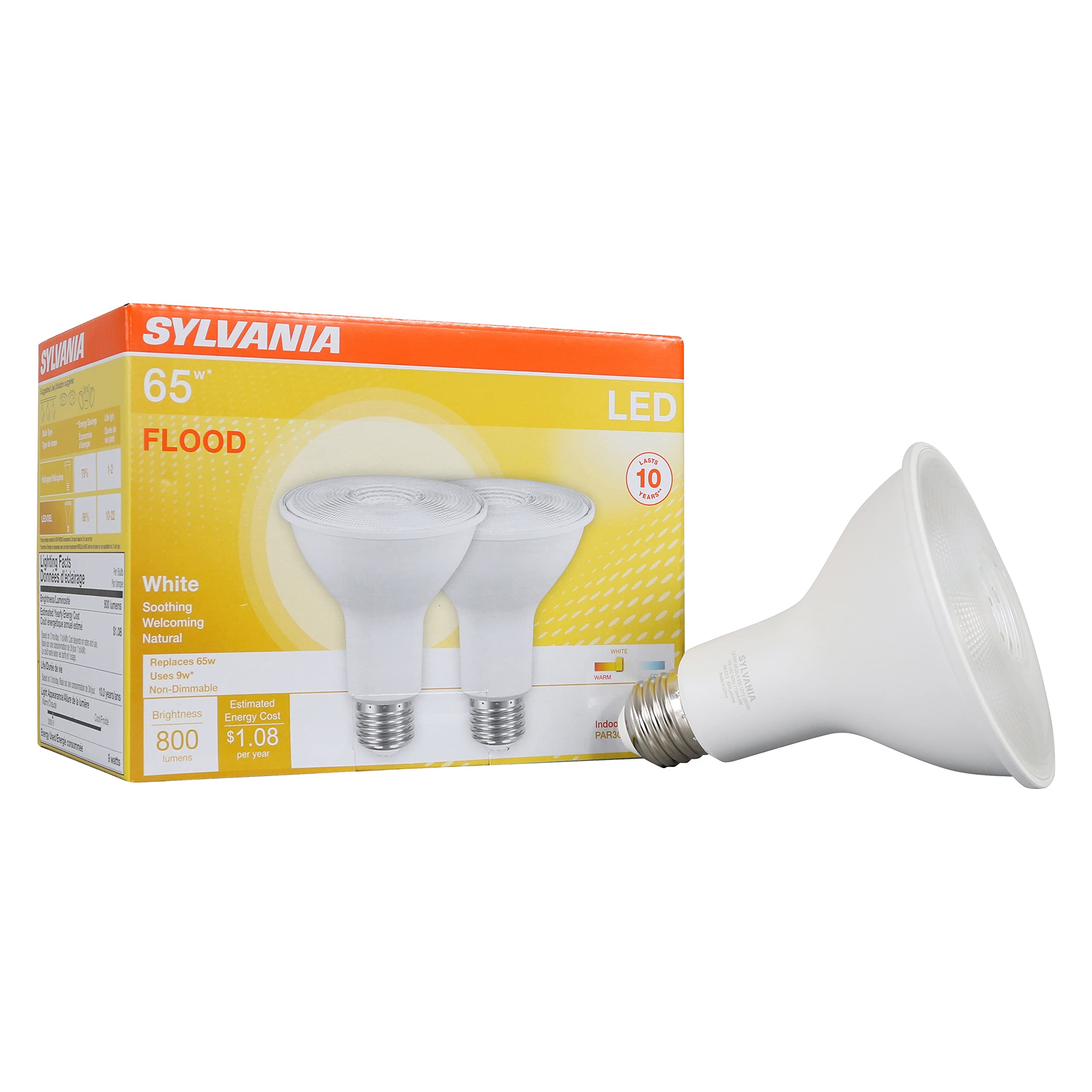 LEDVANCE SYLVANIA LED PAR30 Flood Light Bulb, 800 Lumens, 9W, 3000K Warm White, 2 Count, Model 79280