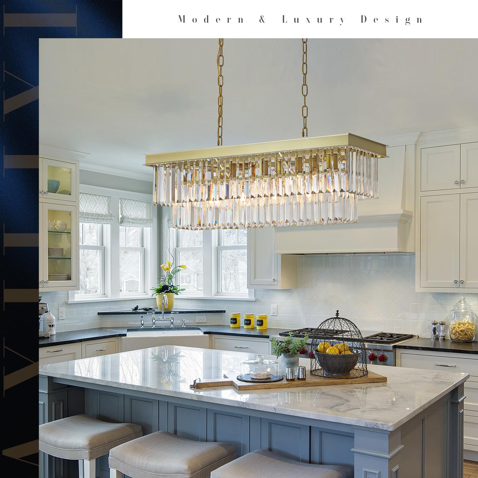 A Axilixi Rectangular Crystal Chandelier Gold For Dining Room Modern Chandelier Rectangle Linear Pendant Light Fixtures For Kitchen Island L33” K9 Luxury Long Chandelier For Living Room