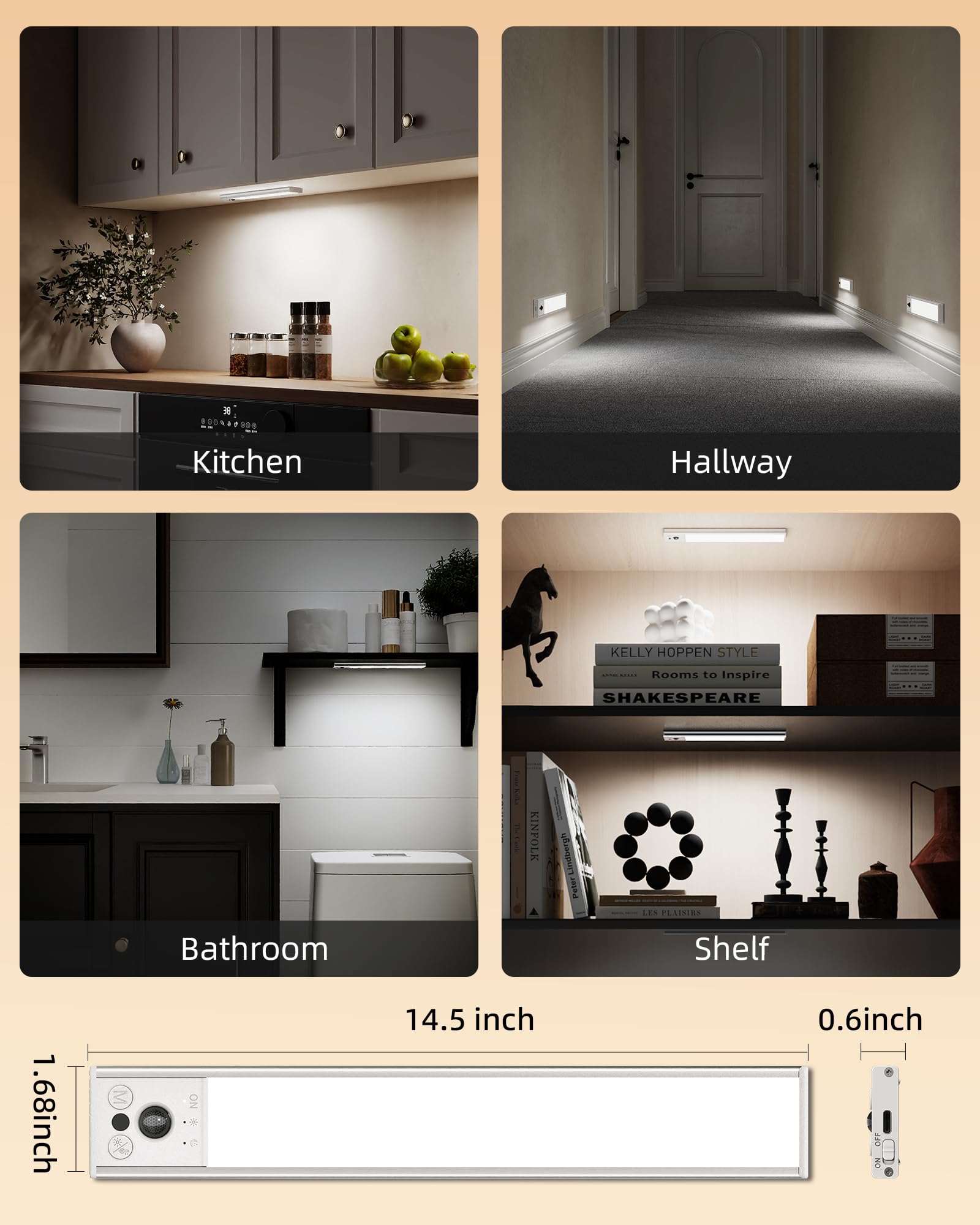 Ezvalo 14.5Inch Under Cabinet Lighting  Led Motion Sensor Light Indoor  3500Mah Usb Rechargeable Closet Lights  Dimmable & Magnetic Wireless Under Counter Lights For Kitchen  Pantry  Stairs (2 Pack)