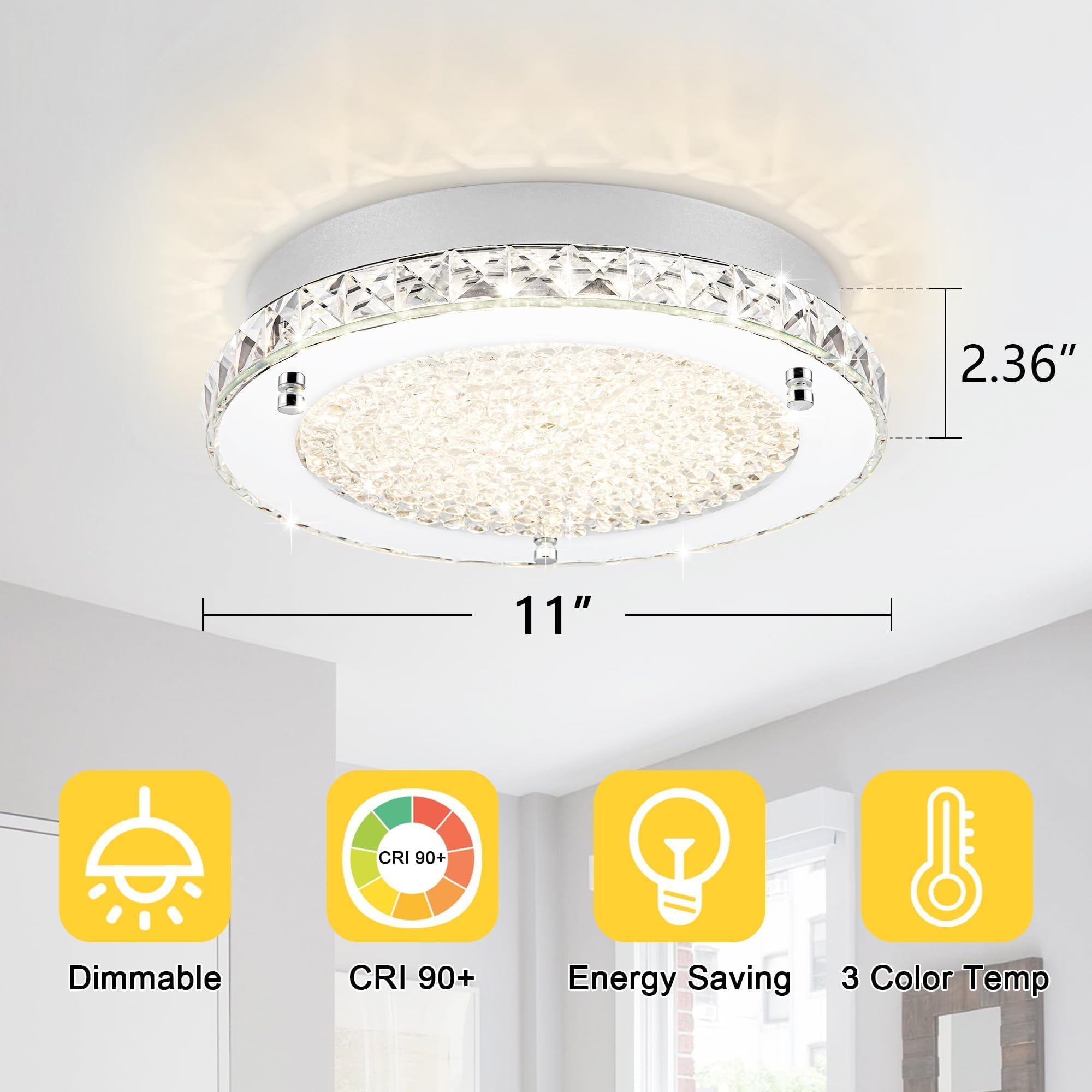 Lzawvm Crystal Ceiling Light Fixture Flush Mount Modern Led Ceiling Lights For Bathroom Bedroom Kitchen, Diameter 11 Inch, 18W,
