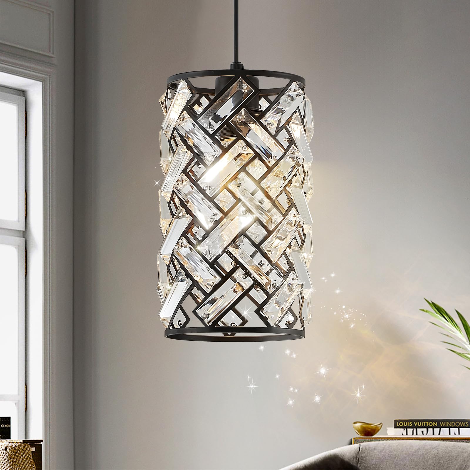 CATINER Modern Black Crystal Pendant Light Fixture - Mini Chandelier for Kitchen Island, Dining Room, Living Room, Hallway, Porc