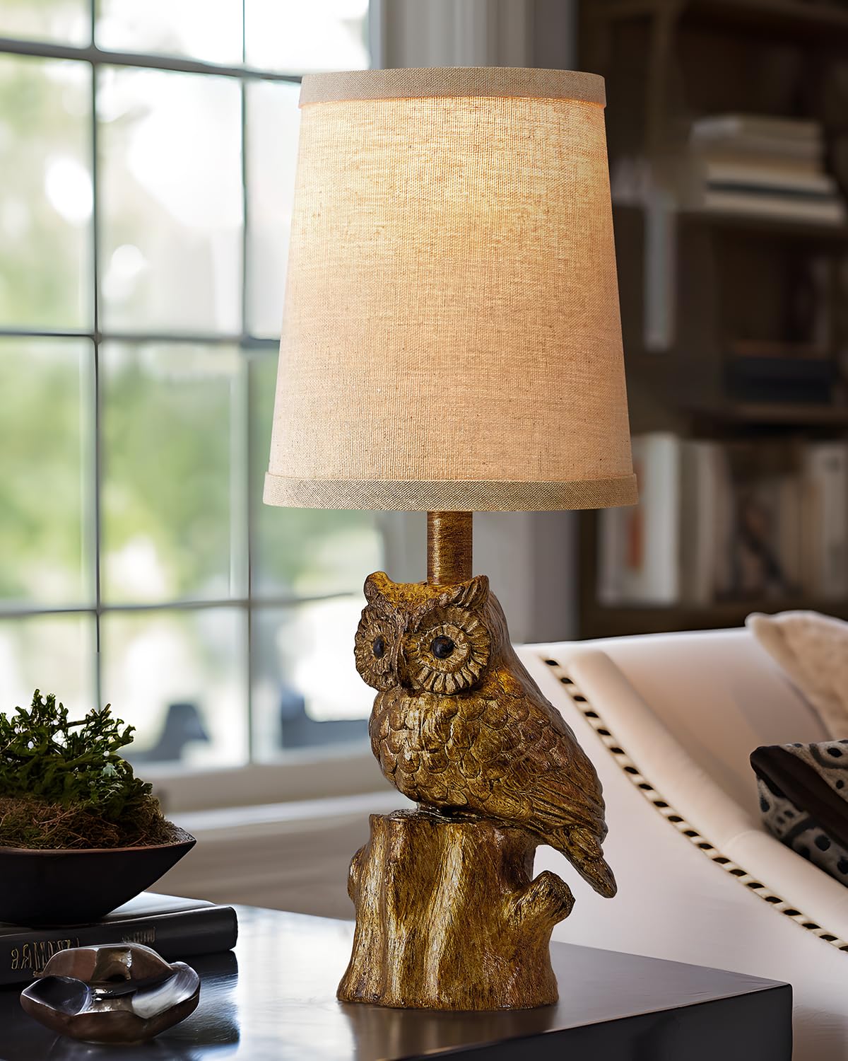 G-SAFAVA Small Table Lamp - 14.25" Gold Owl Design, Rustic Resin, Perfect for Living Room & Bedroom Nightstand