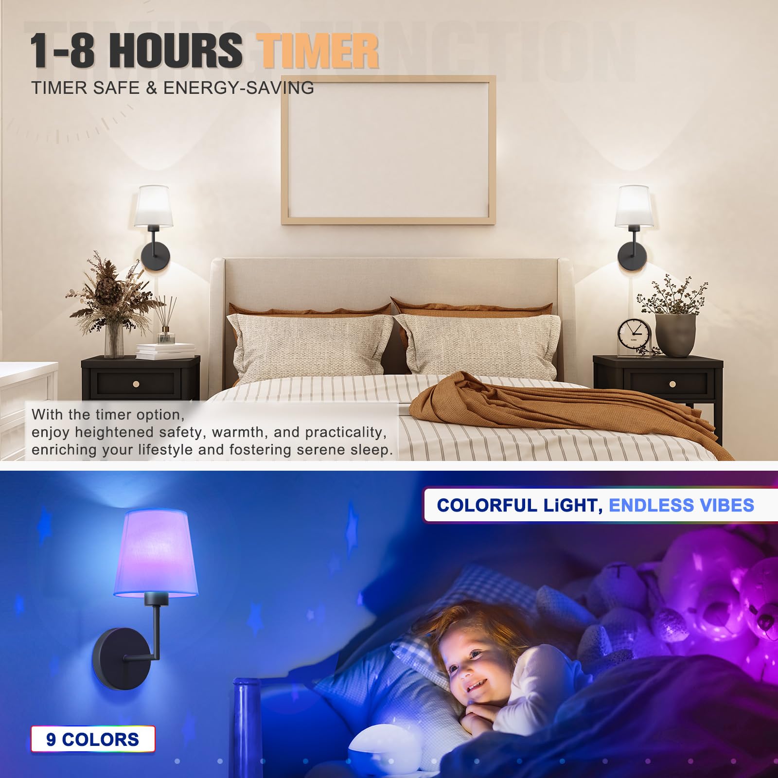 Volisun Battery Operated Wall Sconce Set Of Two,Black Wireless Sconces With Romote And Rechargeable Bulbs,9 Colors Indoor Wirele