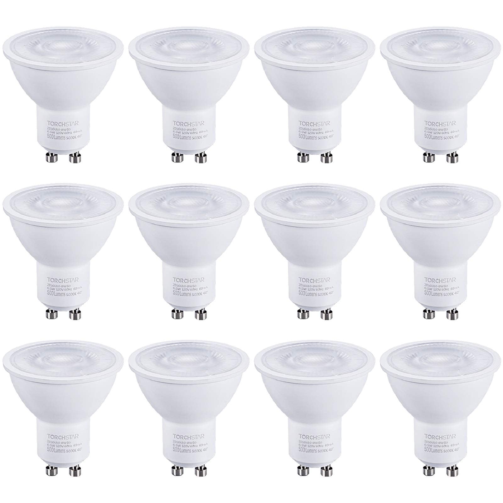 TORCHSTAR GU10 LED Bulbs 12-Pack, Dimmable 500LM, 5000K Daylight, 40° Beam Angle, MR16 Spot Light, UL Listed