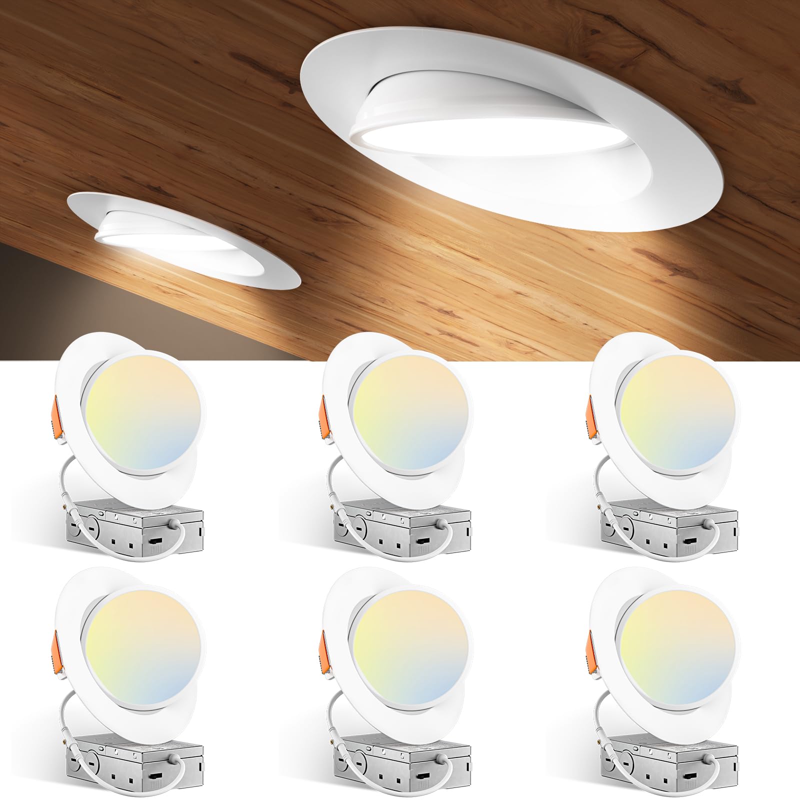 Amico 6 Pack 6 Inch 5Cct Gimbal Led Recessed Lighting, 360°&90° Adjustable Eyeball Directional Downlight, Dimmable, 2700K/3000K/3500K/4000K/5000K Selectable, Cri90+ 12W 1200Lm, Etl&Fcc