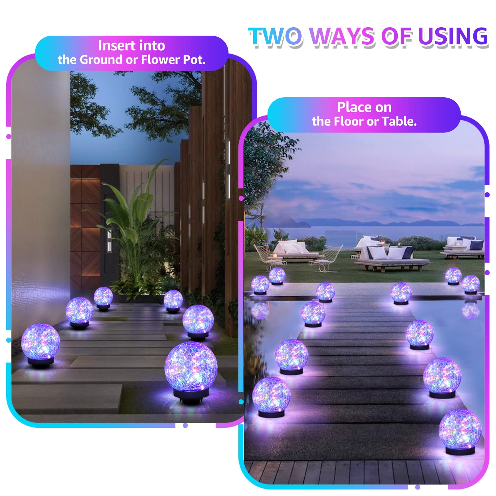 ASOMST Solar Garden Lights 2-Pack, Waterproof Colored  ed Glass Ball, Multicolor Globe Lighting for Outdoor Yard