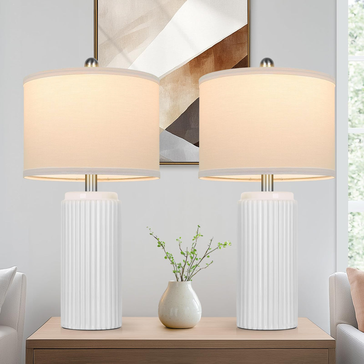 TOBUSA 23.5 Modern White Ceramic Lamps Set of 2, Living Room Retro Side ...