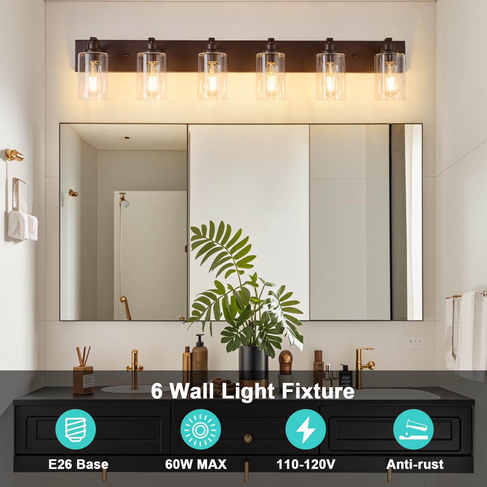 Alaislyc 6-Light Bathroom Light Fixtures Modern Orb Vanity Lights For Bathroom Lighting Fixtures Over Mirror With Clear Glass Shade For Cabinet Mirror Bedroom Hallway