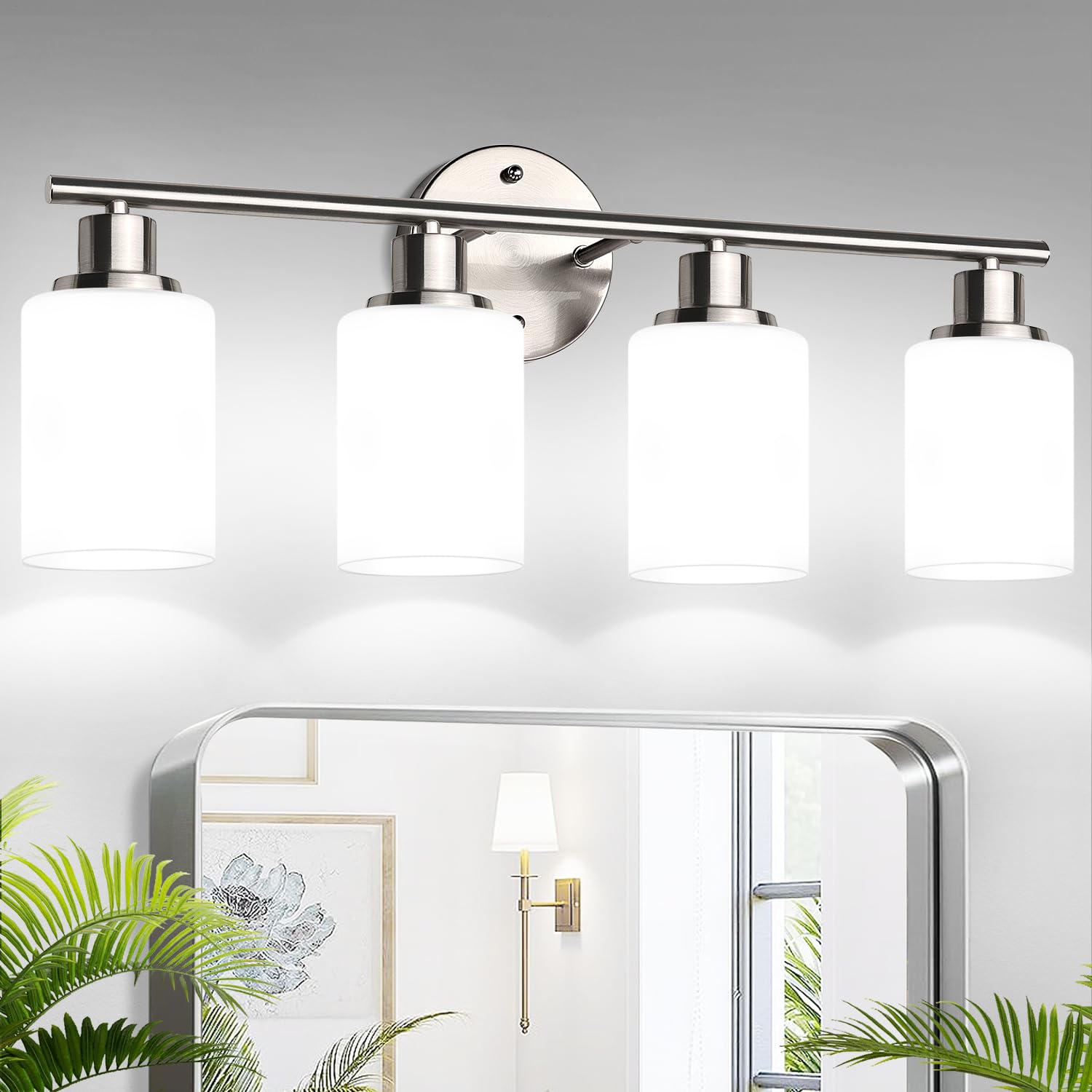 Zarbitta 4-Light Bathroom Light Fixtures, Brushed Nickel & Milky White Glass, Model OMTYX-016