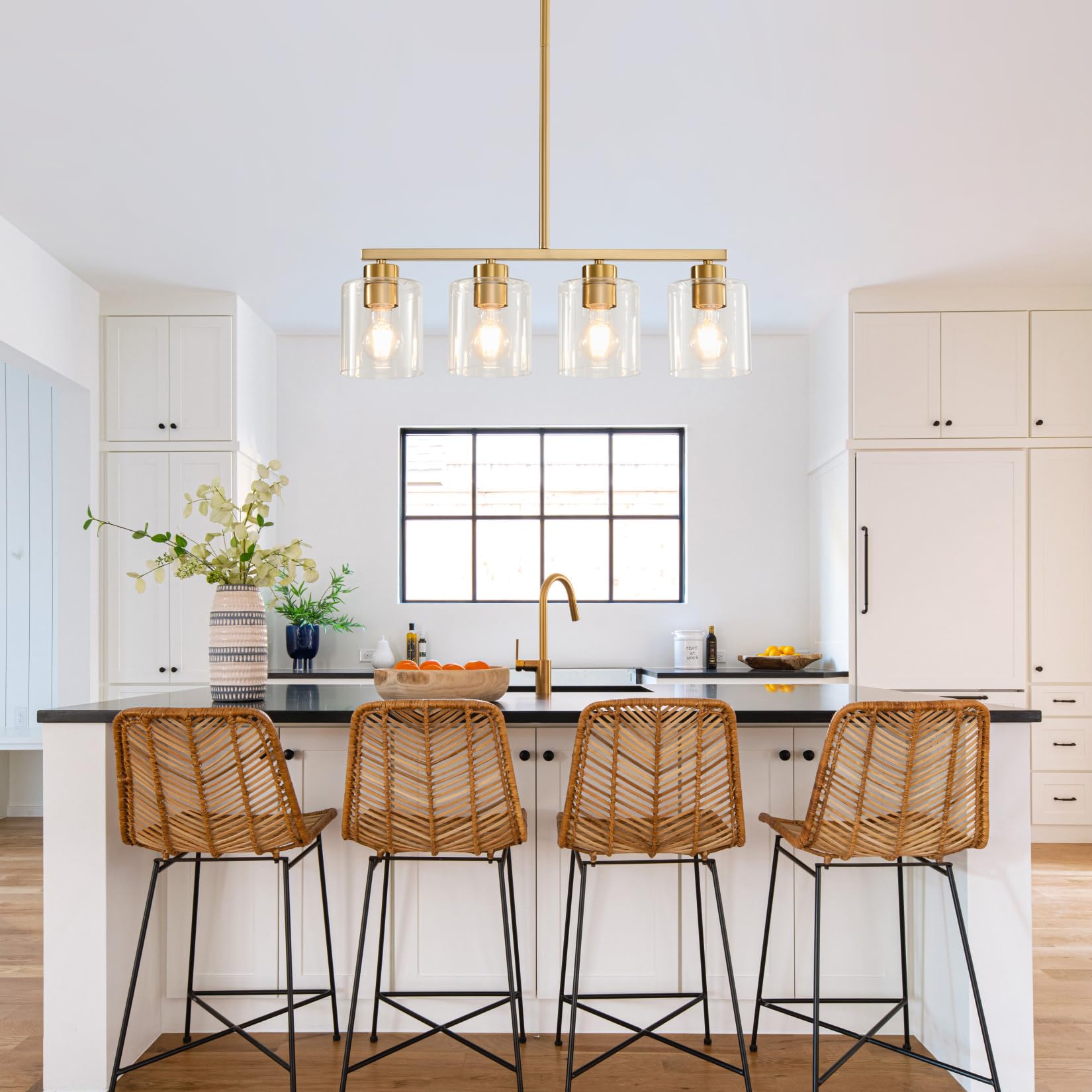 Rocunsi 4-Light Kitchen Island Lighting  Gold Pendant Light Fixture  Farmhouse Dining Room Light Fixtures Over Table  Modern Hanging Light Fixtures With Clear Glass  E26 Base  Bulbs Not Included