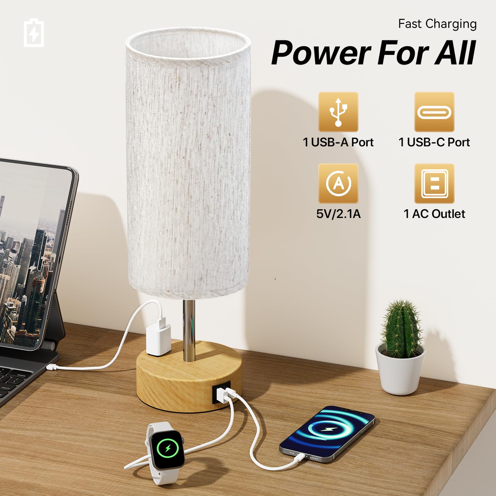 KPQ Small Touch Control Table Lamp with USB Ports, 3-Way Dimmable, Beige Shade-Wood Base, 14in