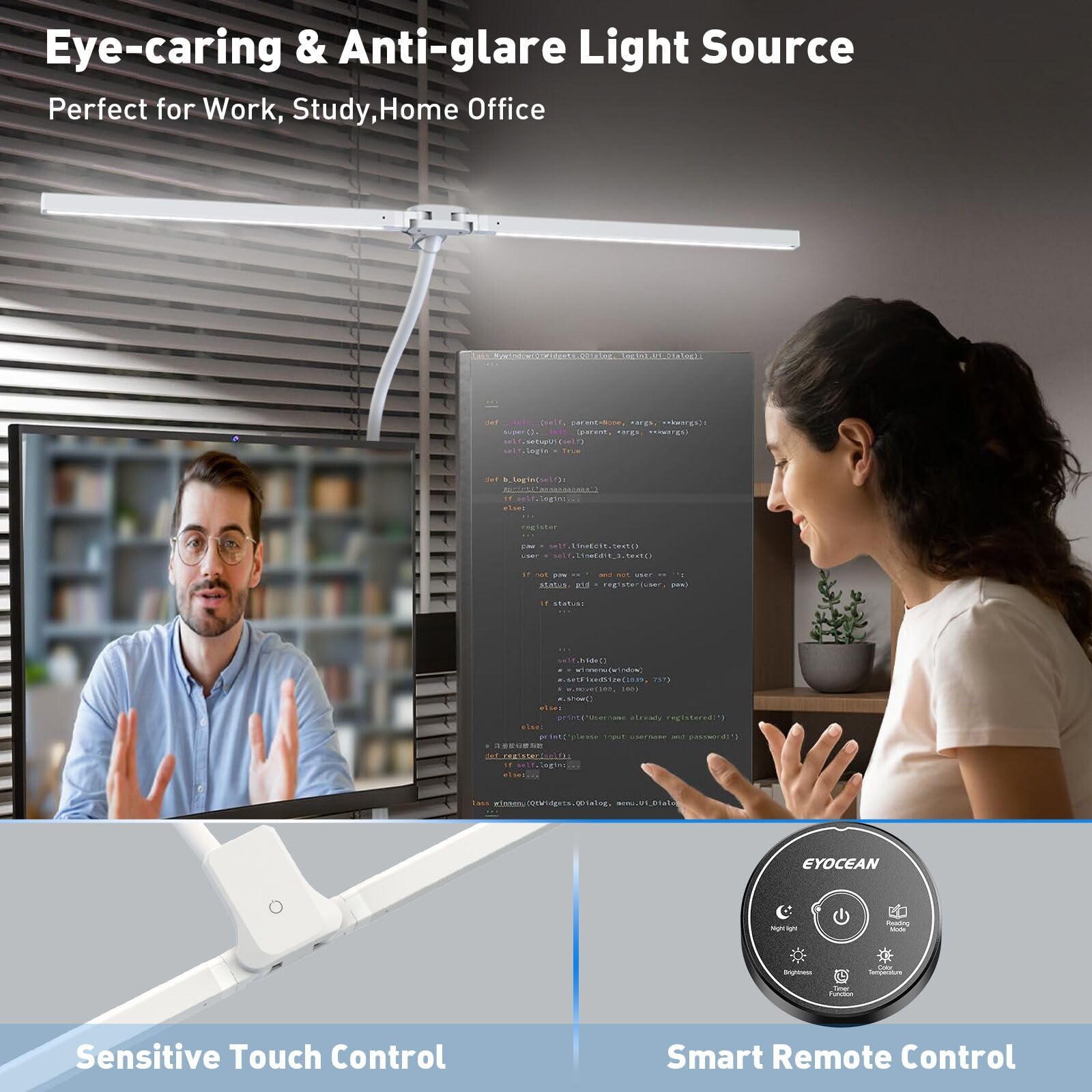 EYOCEAN LED Desk Lamp with Clamp, 31.5in, 24W, Dimmable, Remote Control, White, Model CLED-6601C