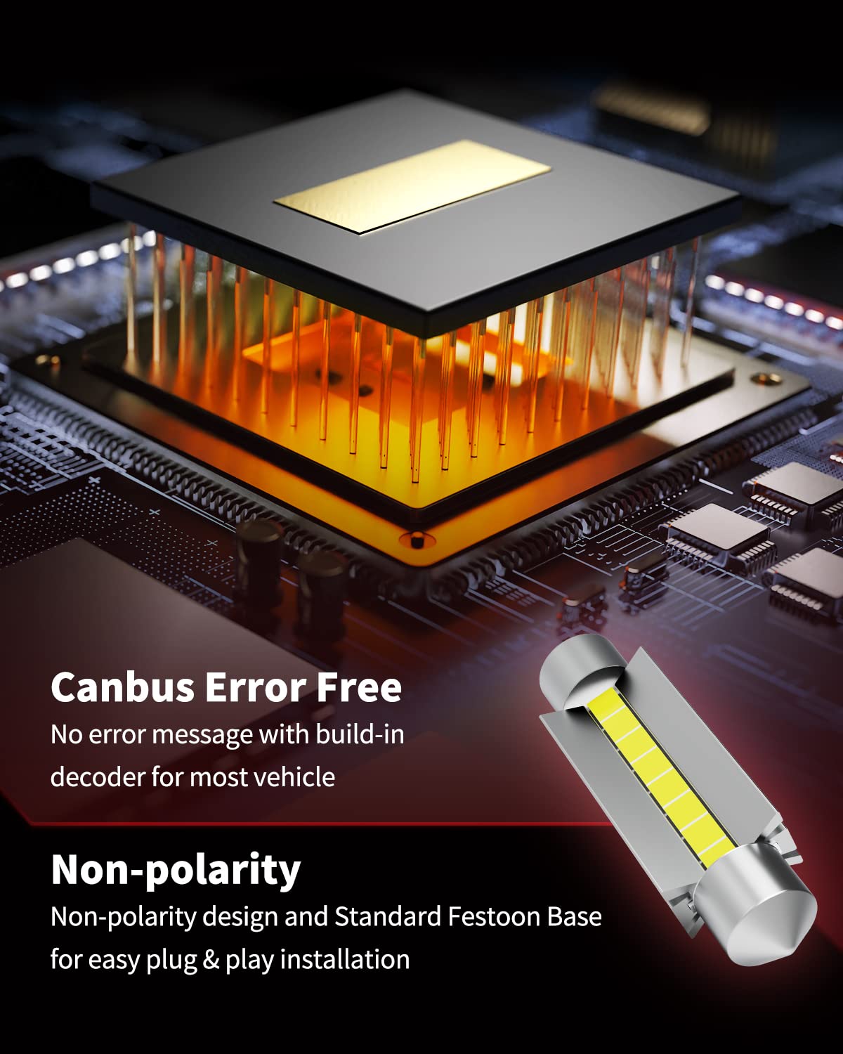 LASFIT 44mm LED Festoon Bulbs, Canbus Error Free, 400LM, 6000K, Xenon White, Pack of 2