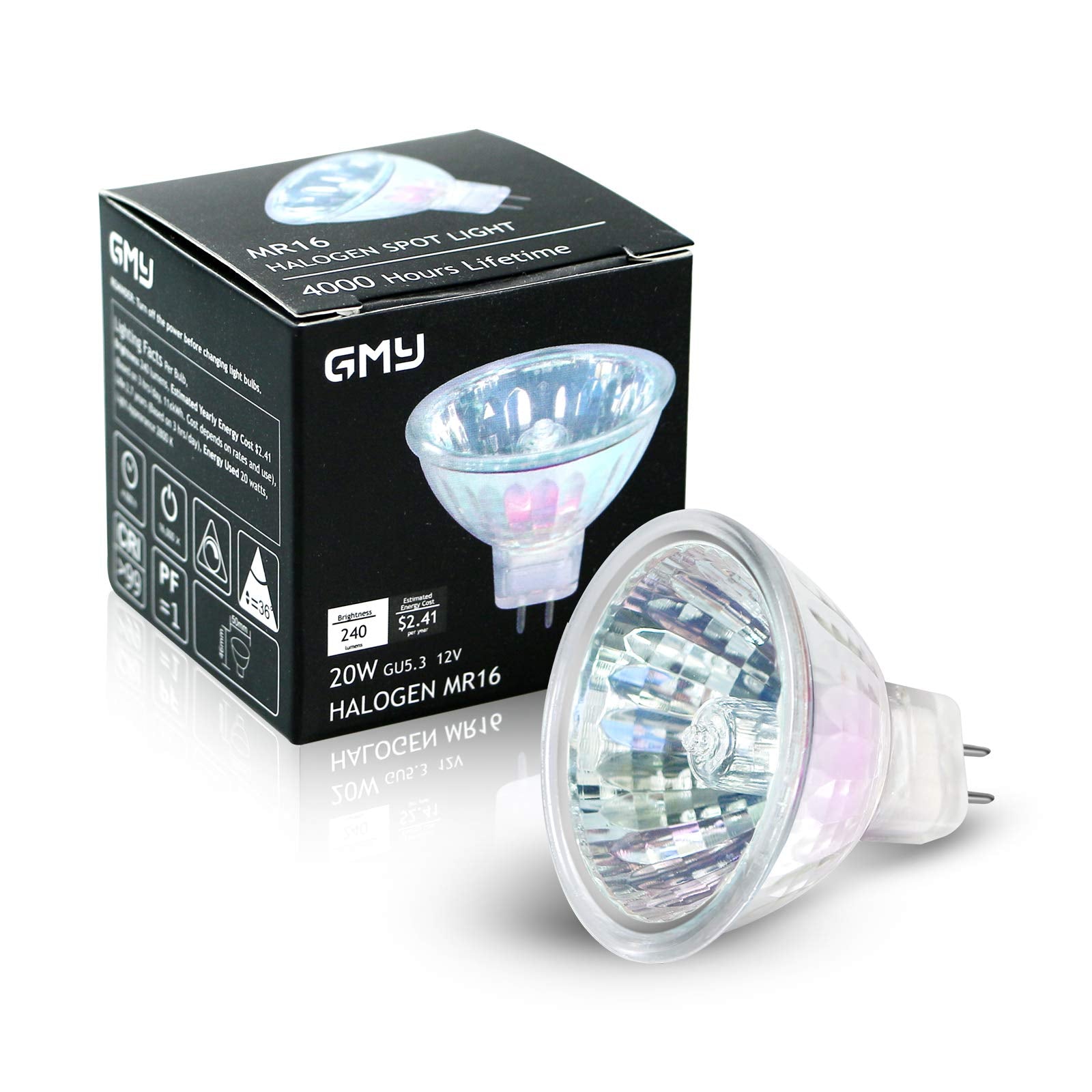 Gmy 6-Pack Mr16 12V 20W Bulb, 4000Hr Long Lifetime, Warm White Dimmable Gu5.3 Bi-Pin Base Spotlight Mr16 Halogen Bulb For Desk L