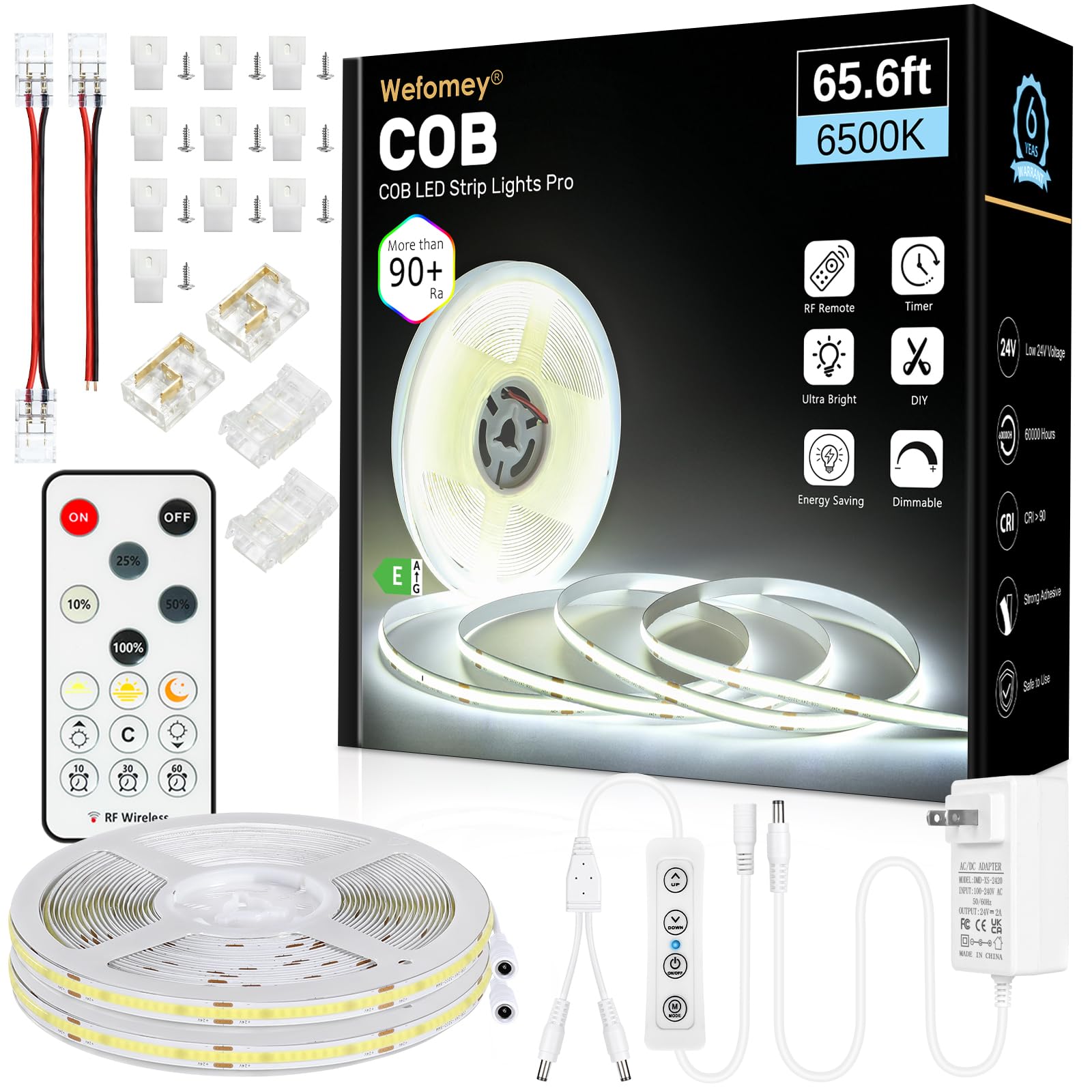 Wefomey COB LED Strip Light, 65.6ft Dimmable 6500K Daylight White, Flexible Plastic Tape, Model WF-COBCW-10M