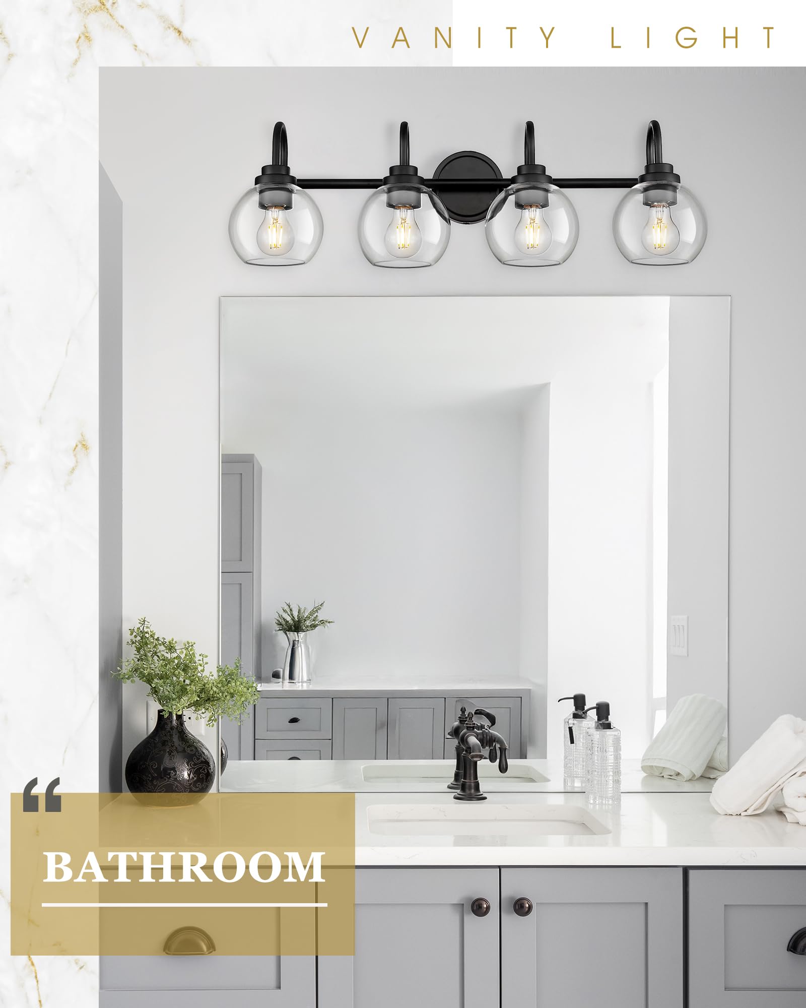 Audickic 4-Light Bathroom Light Fixtures Matte Black Vanity Lighting with Clear Glass, 30 Inch, Model AD-22280-4W-BK