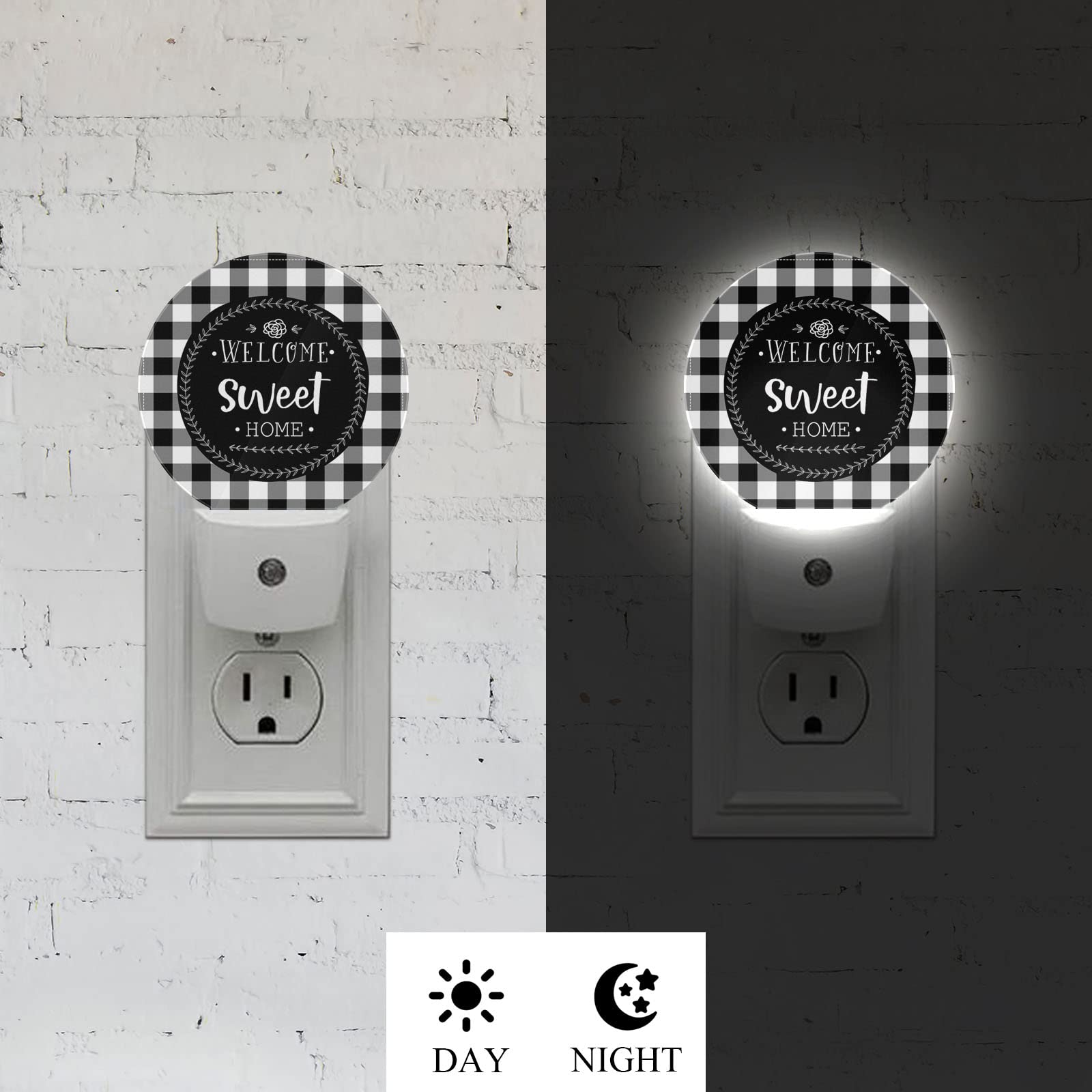 Axayaz Welcome Sweet Home Plug In Night Light Black White Checkered Plaid Buffalo Auto Led Lamp Energy Saving Round Lights For Boys Girls Men Women