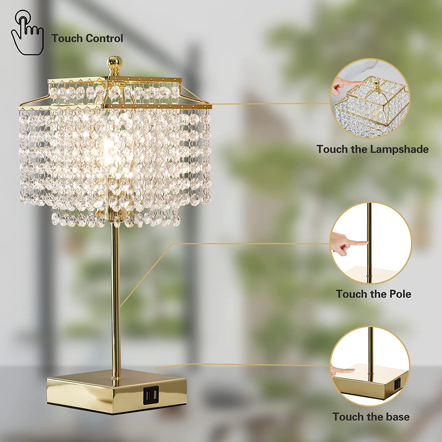 Luvkczc USB Crystal Table Lamp, Touch Control, 3-Way Dimmable, Gold, Includes 6W LED Bulb