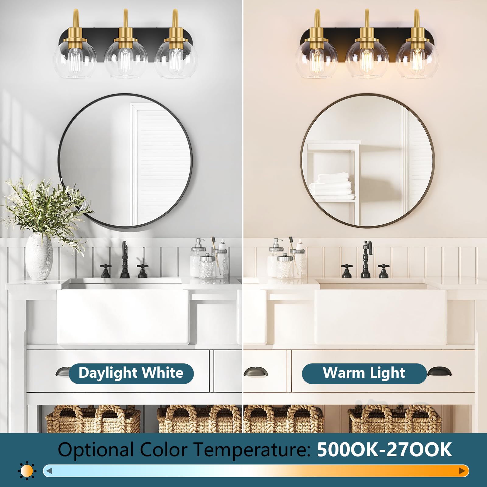 Dpyrrhic 3-Light Bathroom Vanity Light Fixture, Metal, Matte Black & Gold, Clear Glass Shade