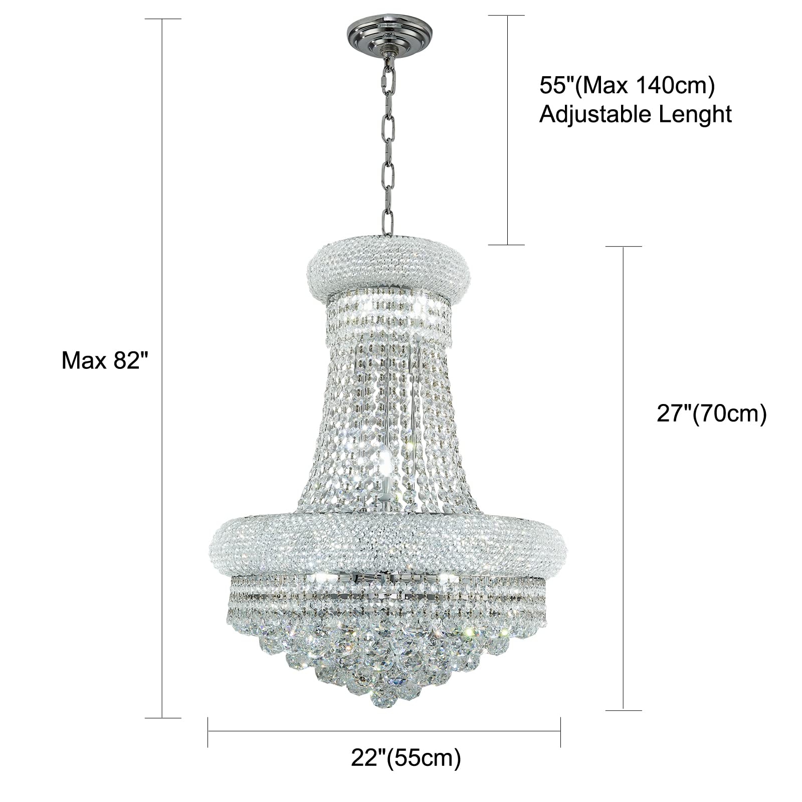 Chandiry 12 Lights Chrome Finish Empire Crystal Chandelier Lighting For Dining Room Living Room Foyer Hallway Bedroom Entryway (