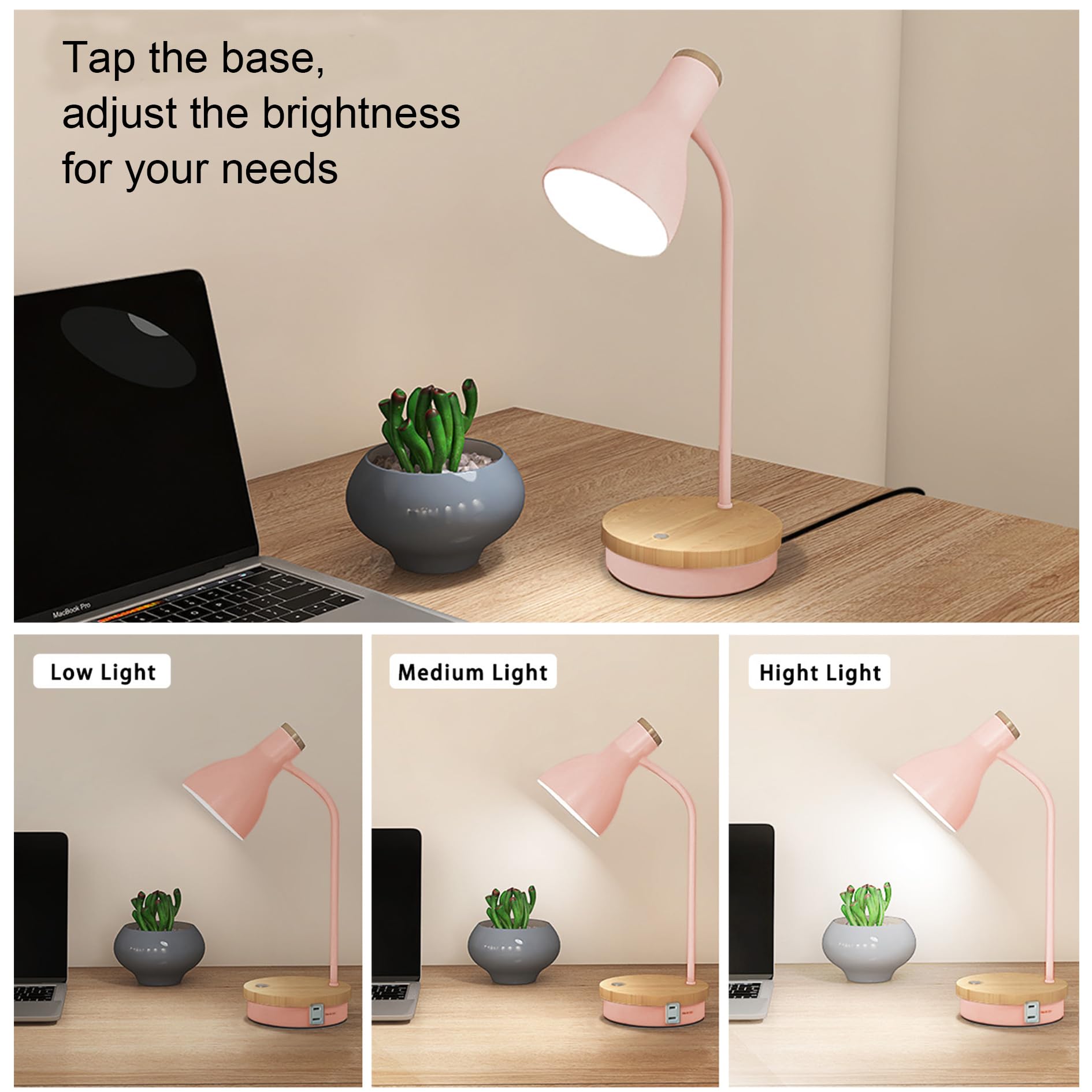 LALISU Metal Desk Lamp Touch-Pink, 3 Way Dimmable, USB Charging Ports, Model LALISULALITTB04