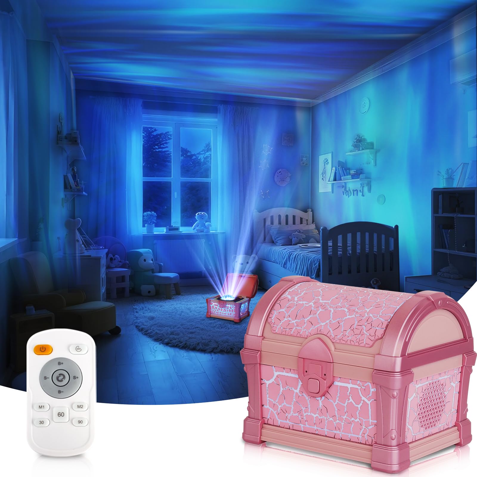 Pink Treasure Chest Night Light for Girls - 7-Color Northern Lights Projector Aurora Light Projector with Auto Timer, Dimmable K