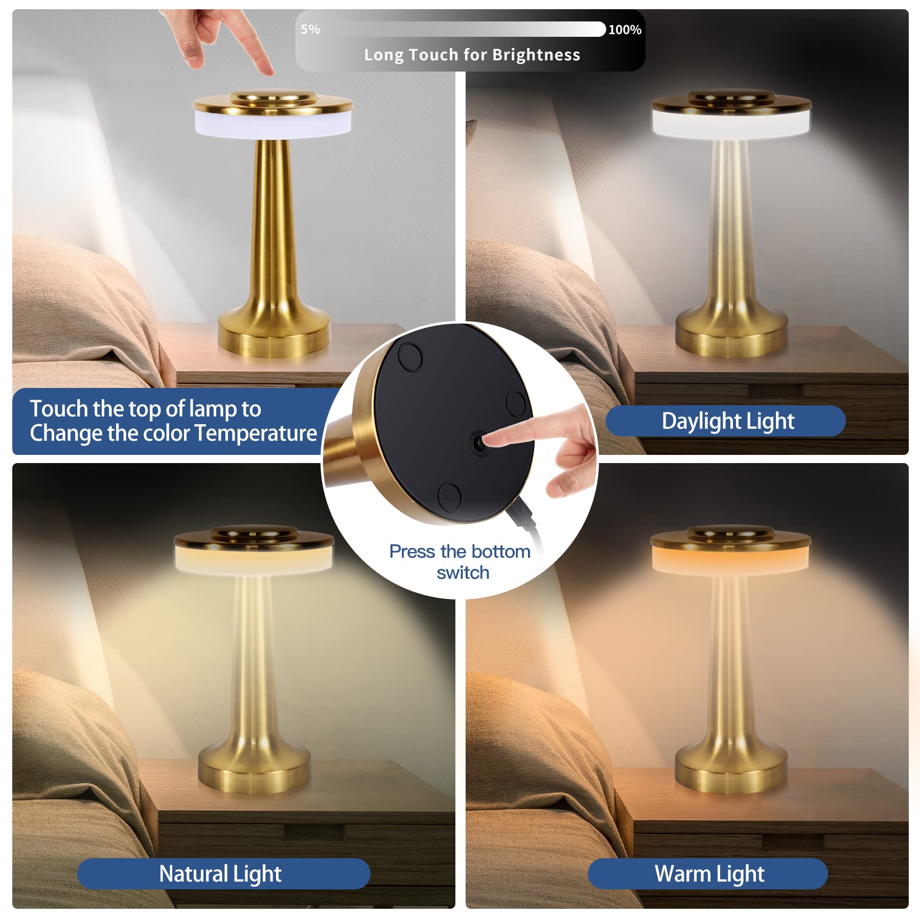 Sunligtgo 3-Way Dimmable Touch Bedside Lamps, Gold 2 Pack, Battery Powered, Glass Shade