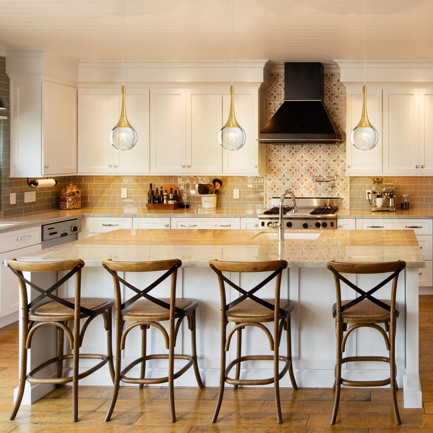 Chying Led Kitchen Island Pendant Lights 3 Pack Gold Teardrop Pendant Light Bathroom Ceiling Hanging Light Globe Jellyfish Penda