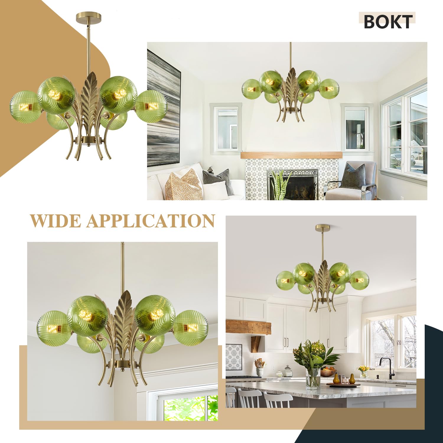 BOKT 6-Light Brushed Brass Chandelier with Green Glass Globes, Adjustable Height, Model BP1128-G