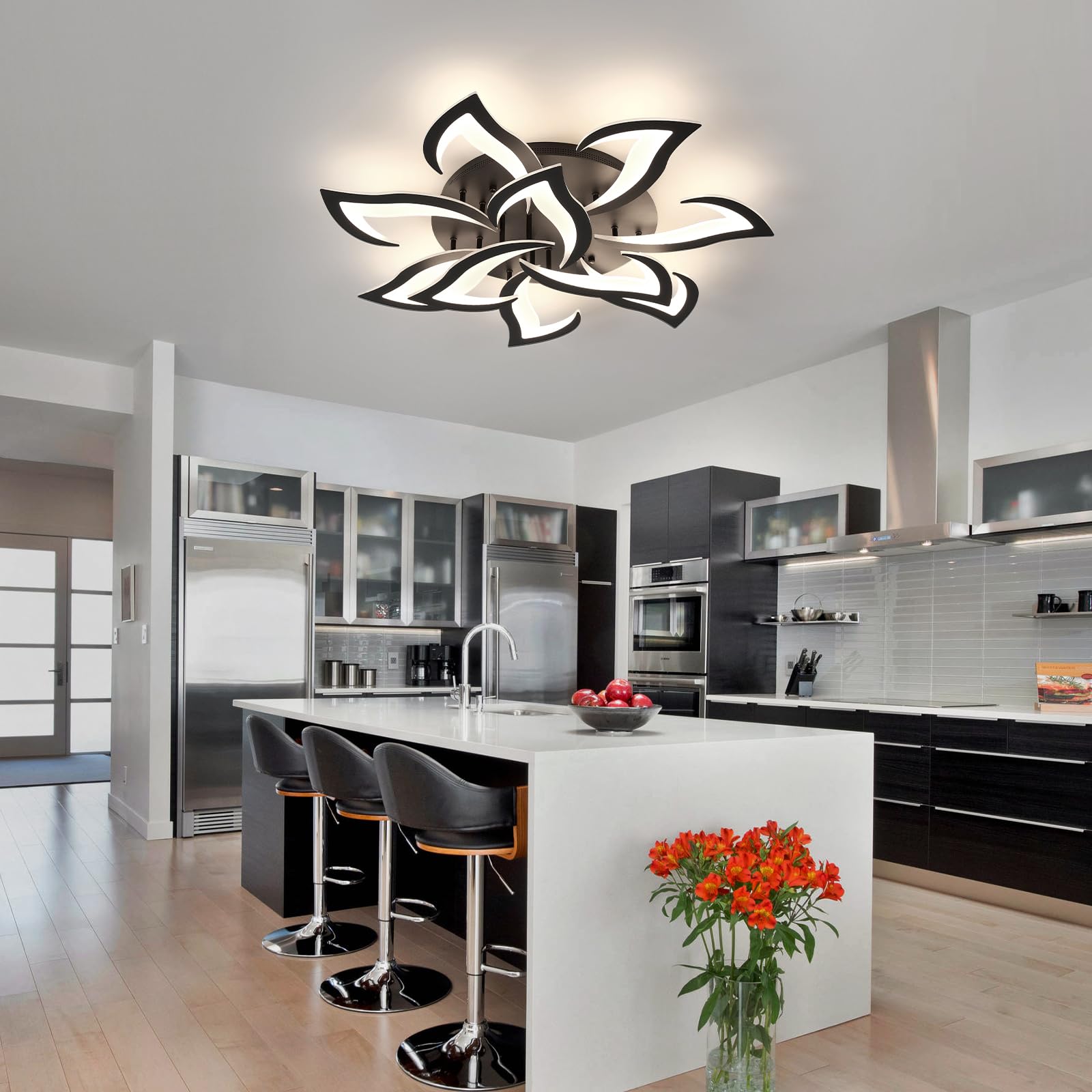 Goeco Dimmable Ceiling Light Fixture, 10 Petals, Remote Control, App, 3000K-6500K, Black, Model 30907705