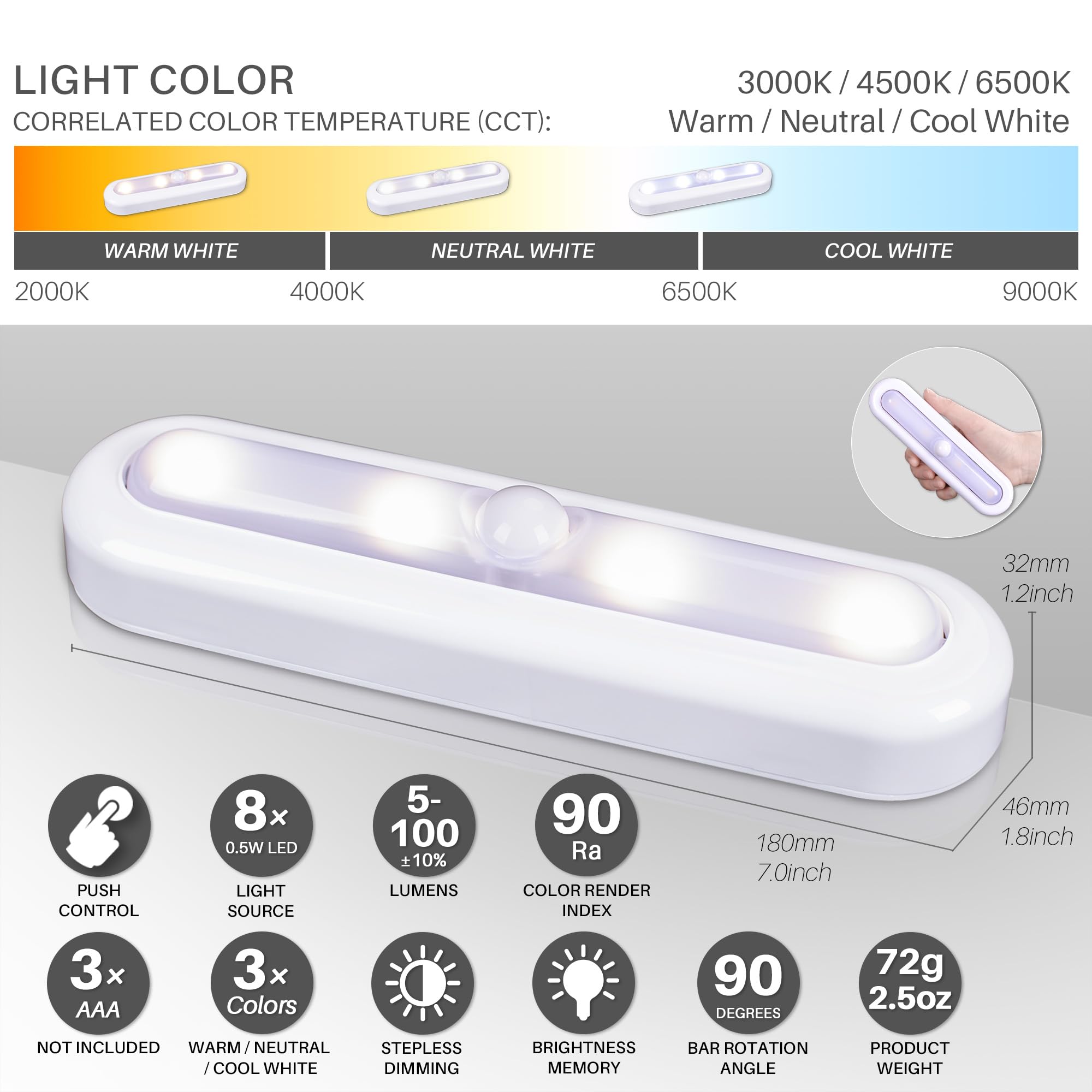 STAR-SPANGLED 7” Dimmable Push Tap Lights - LED Touch Lights, Battery Operated, 3 Color Modes for Kitchen & Closet, Model US-8022