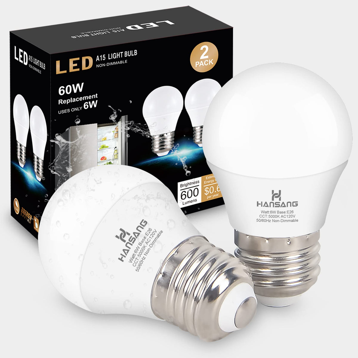 Hansang Refrigerator Light Bulb E26 Base, 60Watt Equivalent, 5000K Daylight, Watreproof Appliance Fridge Bulbs, A15 Led Small Li