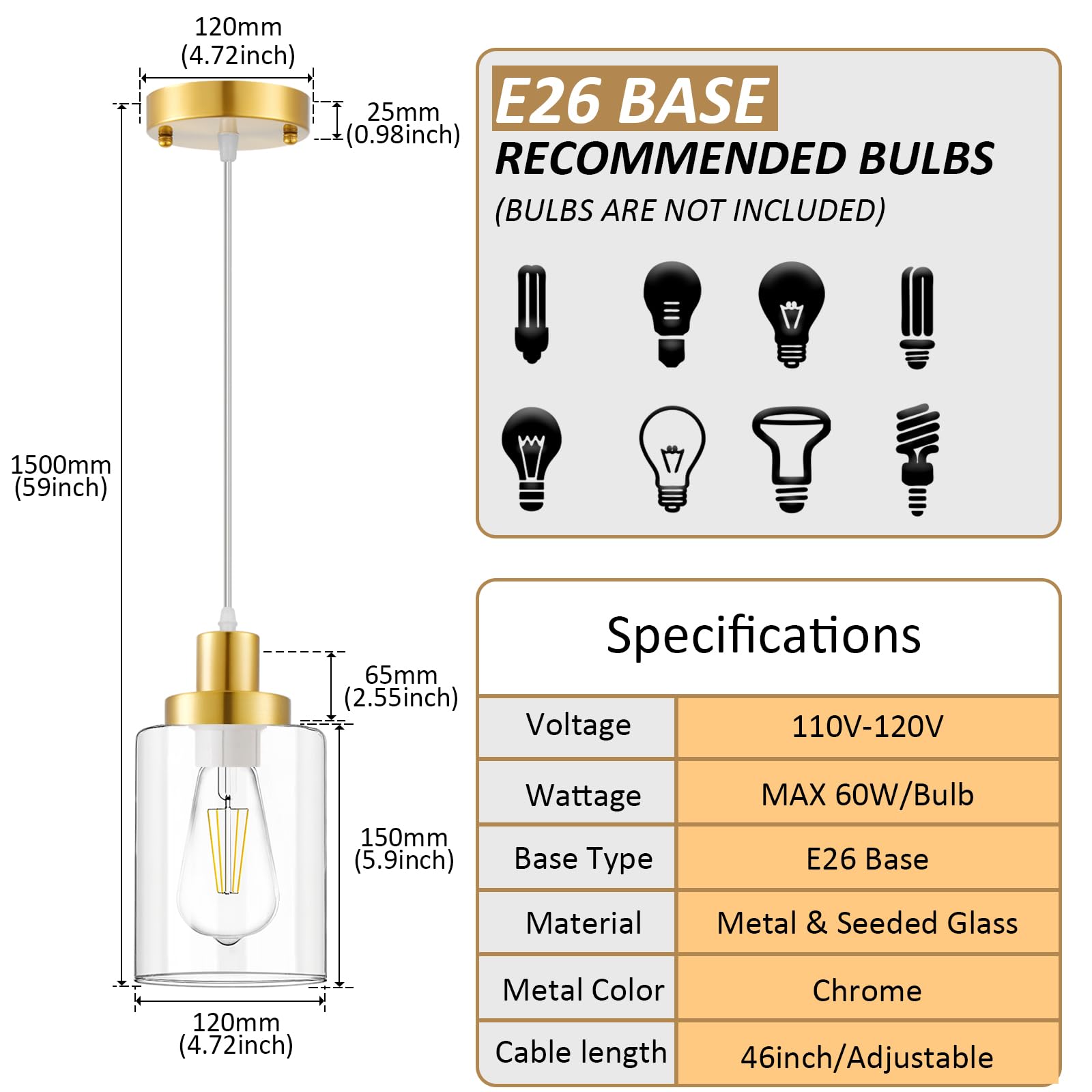 Industrial Pendant Lighting, Modern Clear Glass Shade Pendant Lights, Adjustable Hanging Light Fixtures, Farmhouse Pendant Light