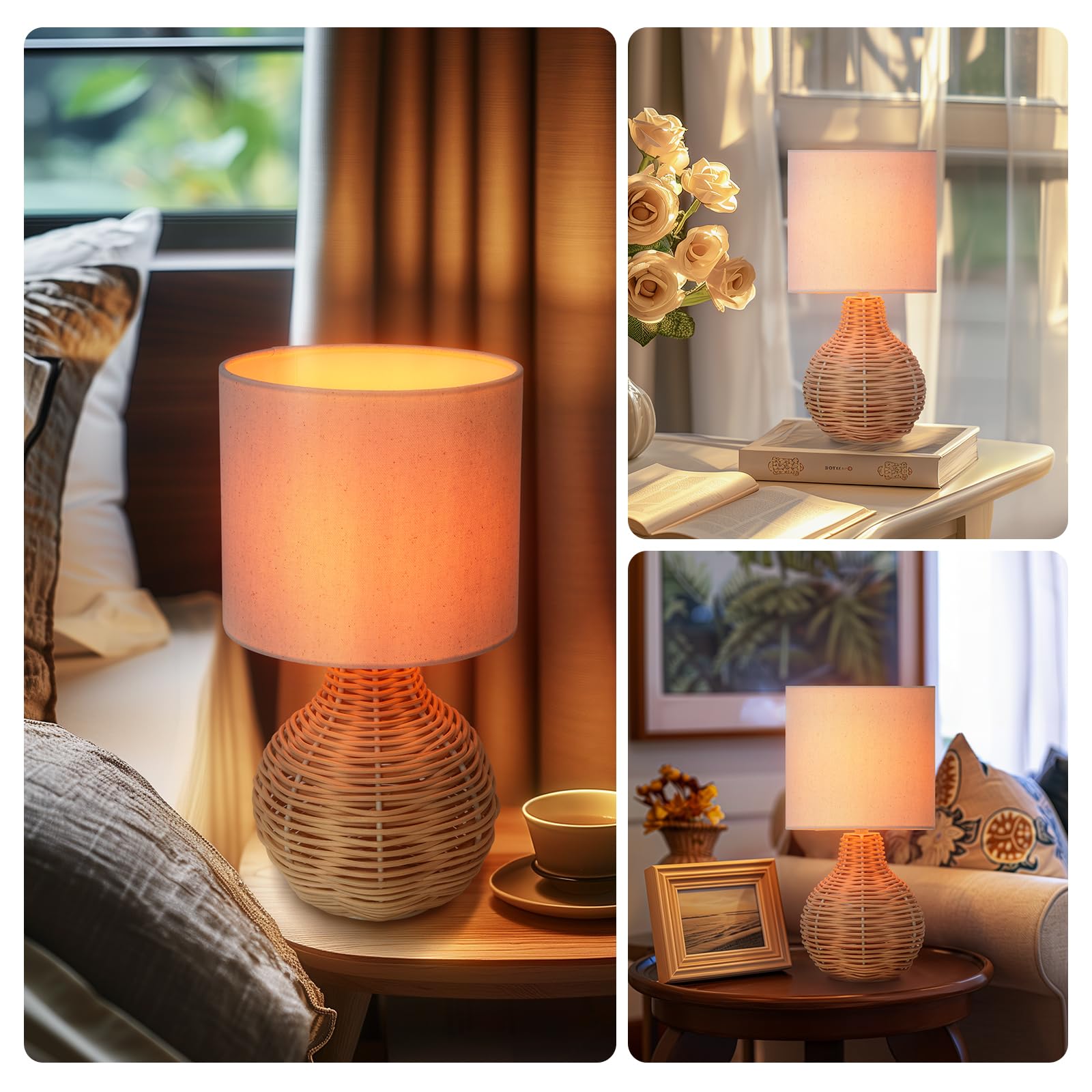 Velxee Rattan Table Lamp, Vintage Wicker Wooden Nightstand Lamp Set Of 2, Boho Bamboo Woven End Table Lamp For Bedroom Living Ro