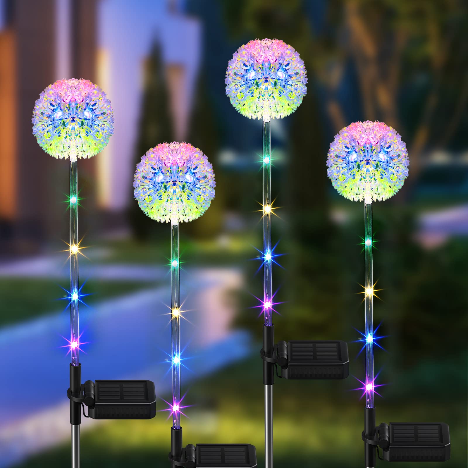 Bonlion 4 Pack Solar Garden Lights - Colorful Led Dandelion Decor, Waterproof Outdoor Lighting