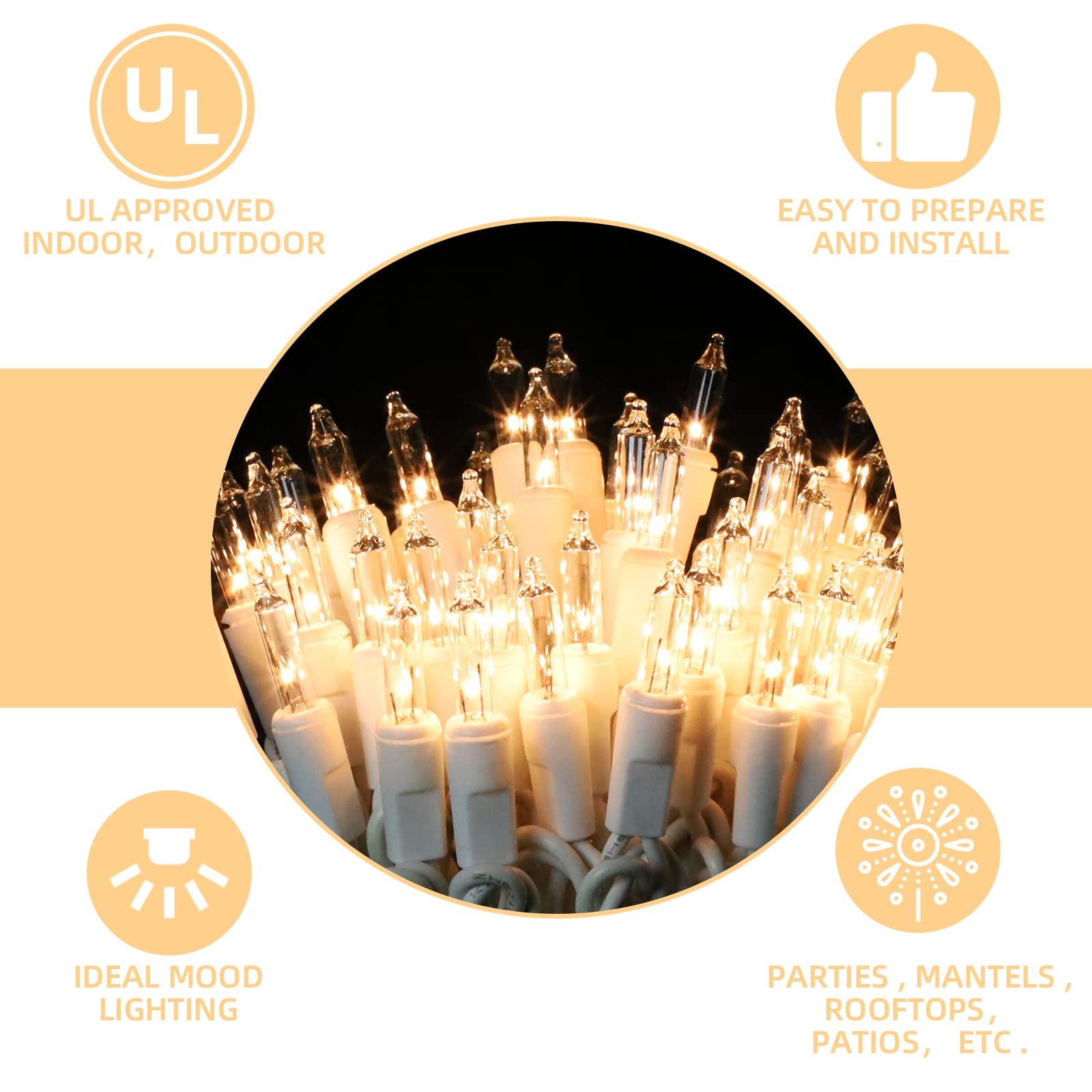 Xmashome 63.8Ft White Wire Clear String Lights, 300 Count (150L*2Pcs) Incandescent Christmas Lights