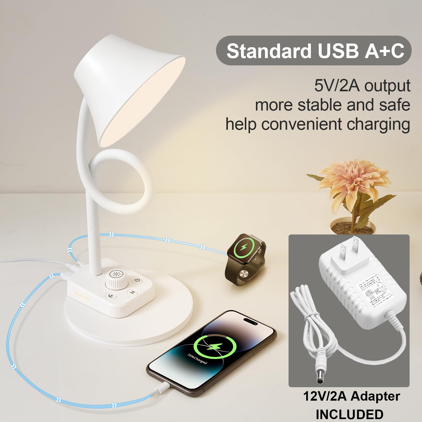 BOHON LED Desk Lamp, Fully Dimmable, USB A & C Charging, 5 Colors, Auto Timer, Model BH-DL24W-LBD, White