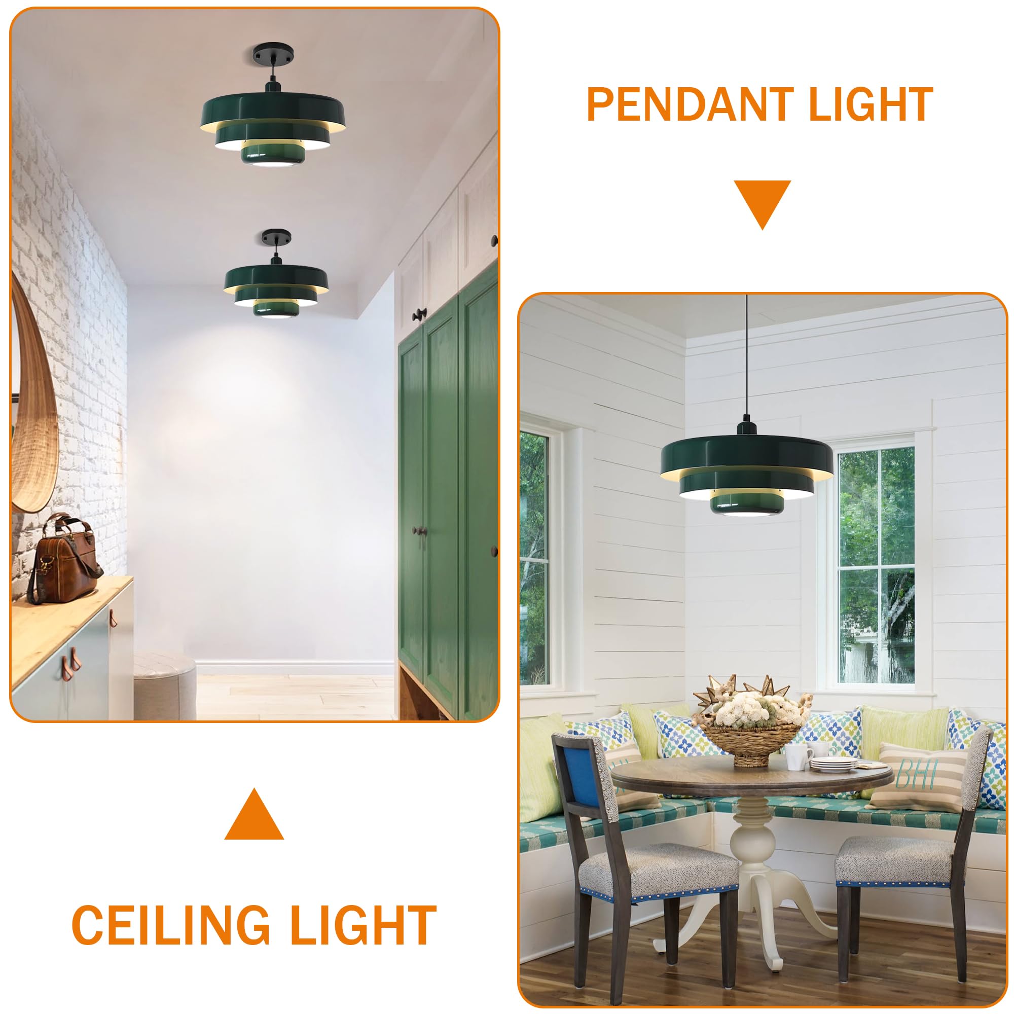 DoungRos Mid Century Pendant Light - 3-Layer Green Metal Shade - Vintage Flush Mount for Dining Table, Kitchen Island, Hallway - Model DR001