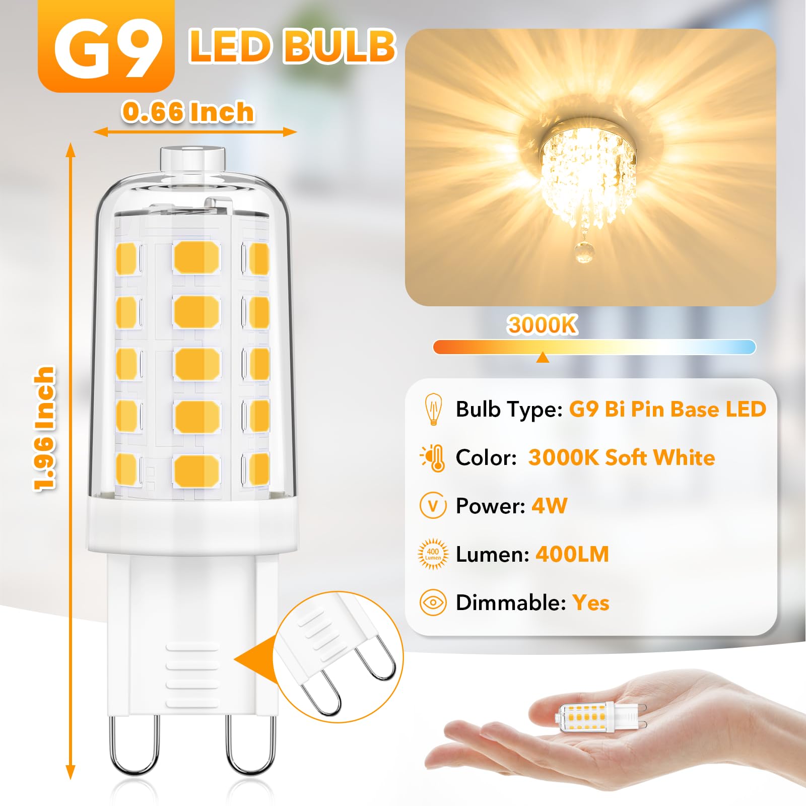 MAXvolador G9 LED Bulb 4W Dimmable Soft White 3000K 6 Pack, 40W Halogen Equivalent, Bi Pin Base, 400LM
