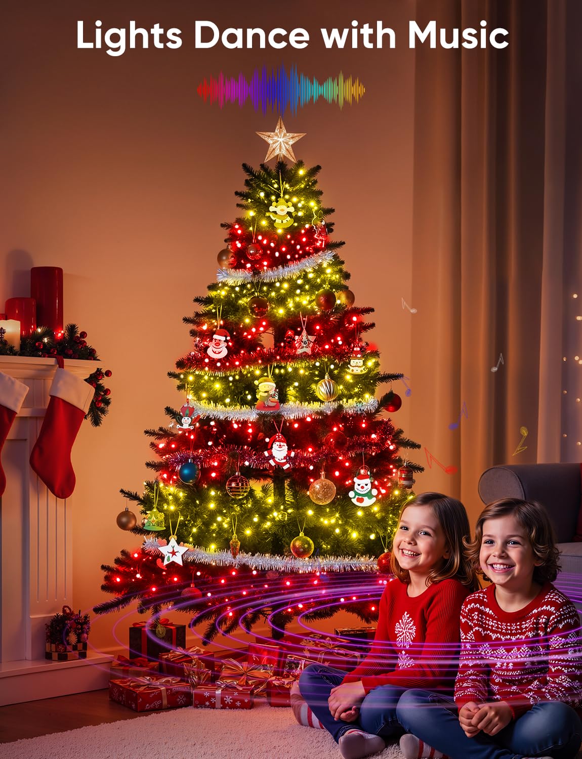 Ollny Smart Christmas Lights, 400 LED RGB Color Changing, 131FT Waterproof Decor with Remote, Model NYA0400P, Dark Wire