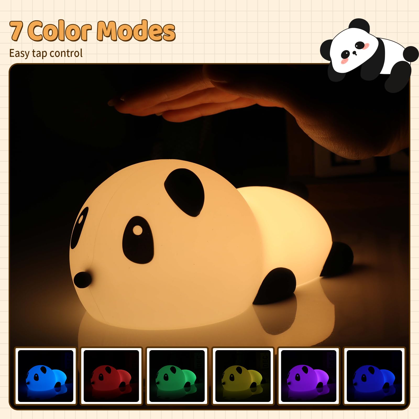 SALUOKE Panda Night Light - Rechargeable Silicone Lamp with 7 Soft Colors, Tap Control & Sleep Timer for Kids' Room & Nursery