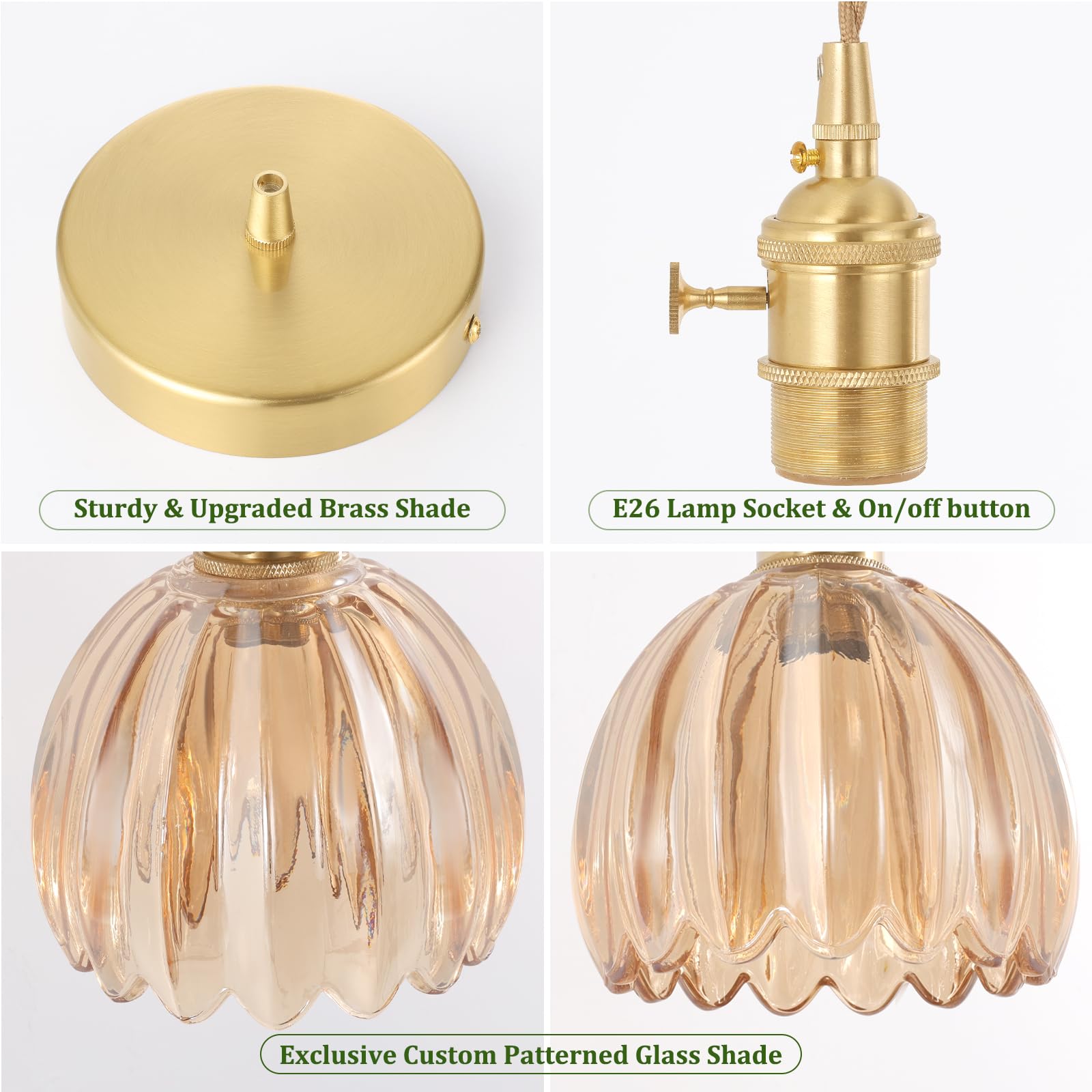 Shenmoyl Mini Pendant Light With Amber Tulip Glass Lmapshade, Brass Vintage Pendant Light Adjustable Hanging Light For Kitchen I