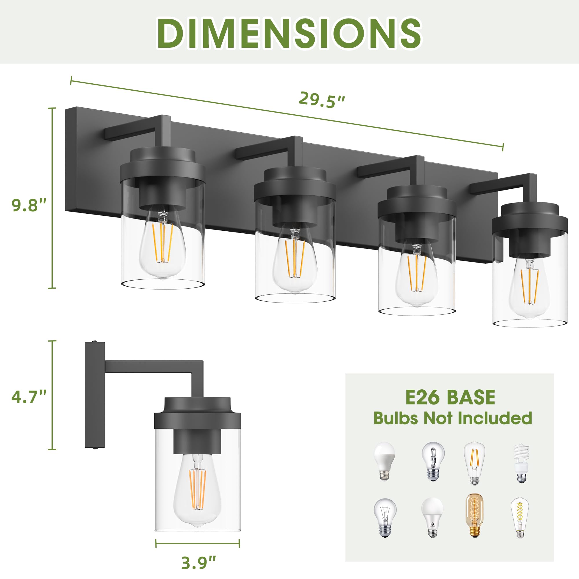 Espird Bathroom Vanity Light, 4 Light Matte Black Vanity Light With Clear Glass Shade, 30In Farmhouse Vanity Light, Bathroom Lig