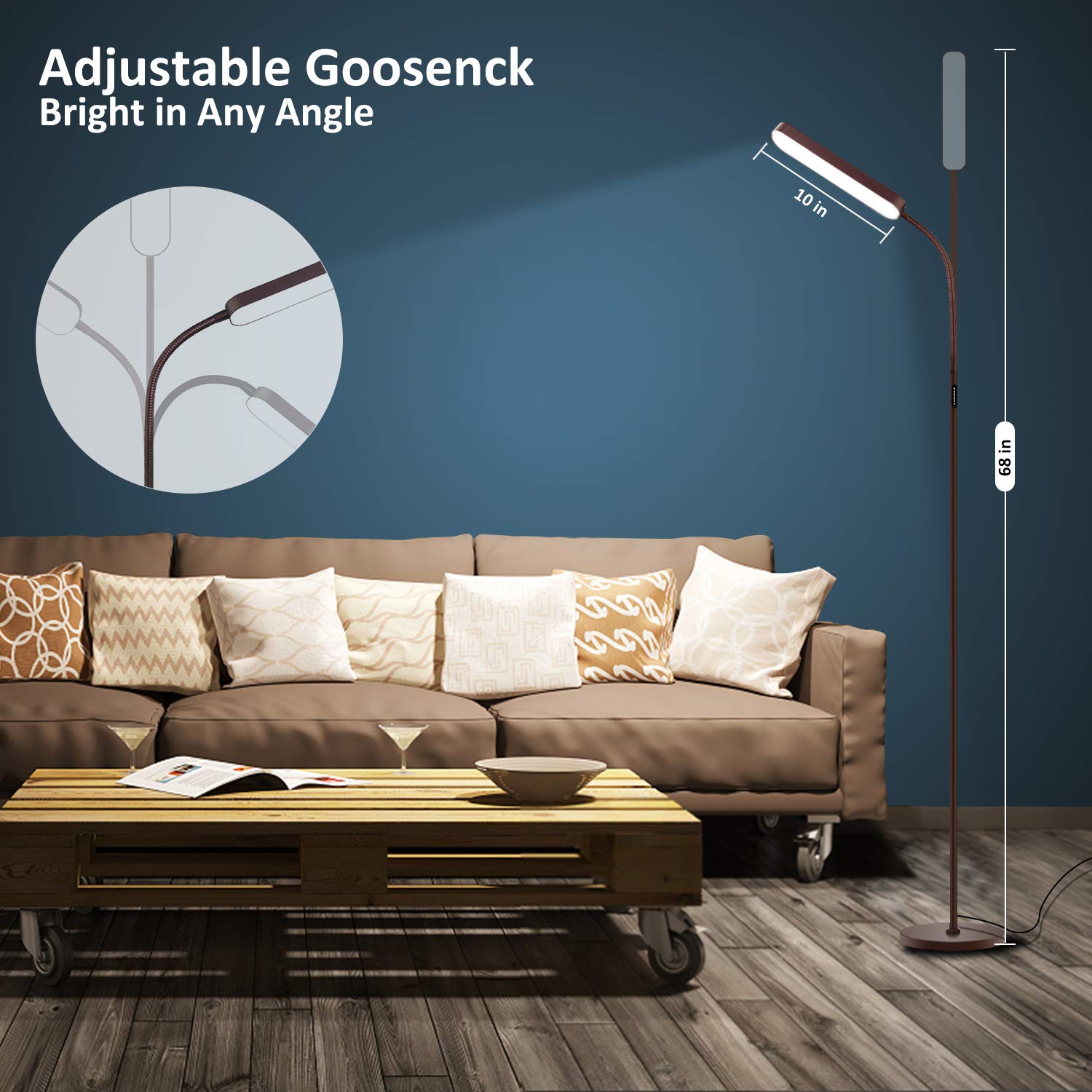 Wio-Mio Adjustable Gooseneck LED Floor Lamp, 15W 1000LM, 3000K-6000K, Matte Bronze, Model MF18806, Remote & Touch