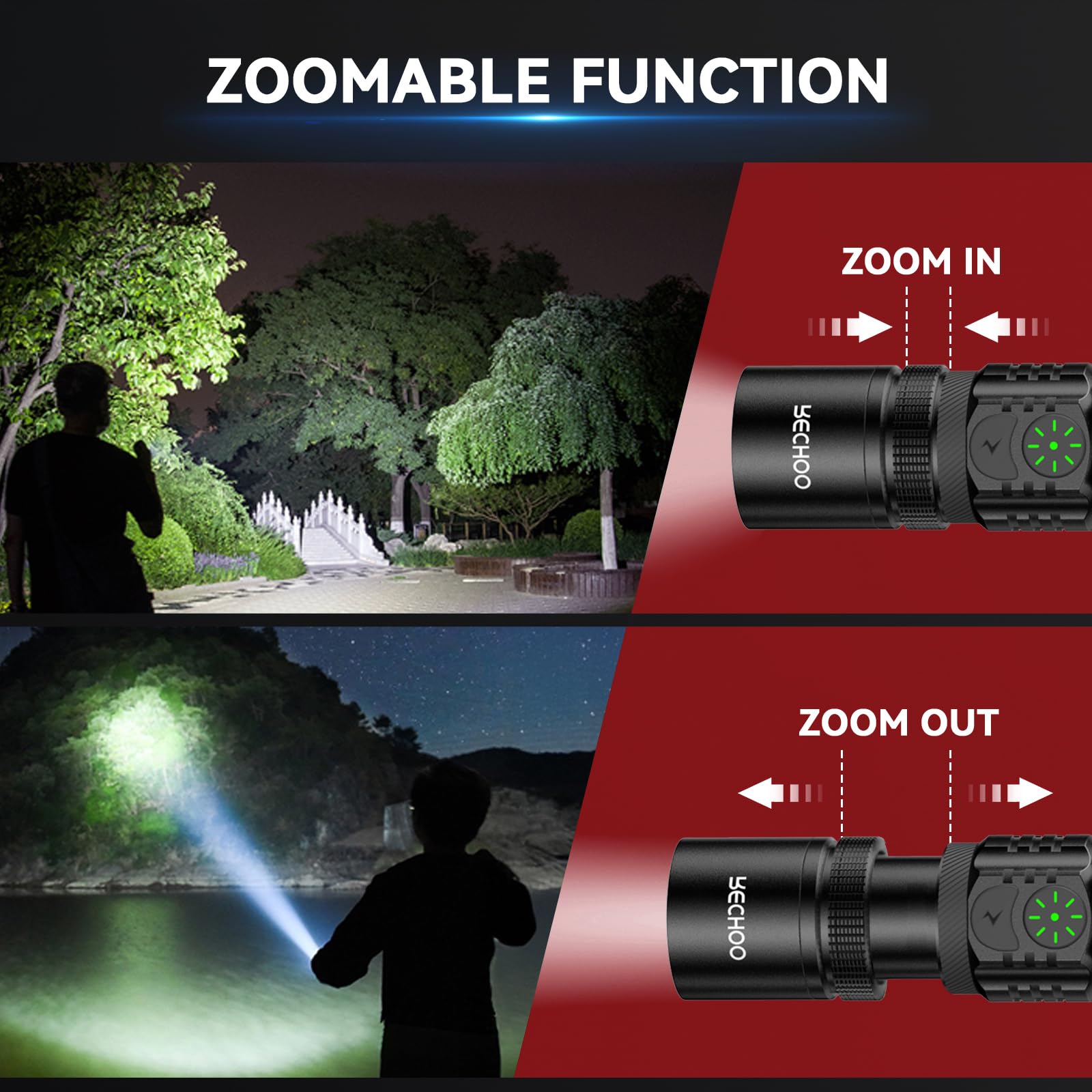 RECHOO Rechargeable Flashlights 2-Pack, S3000L LED Tactical Lights, 5 Modes, Zoomable, IP65 Waterproof, Black Aluminum
