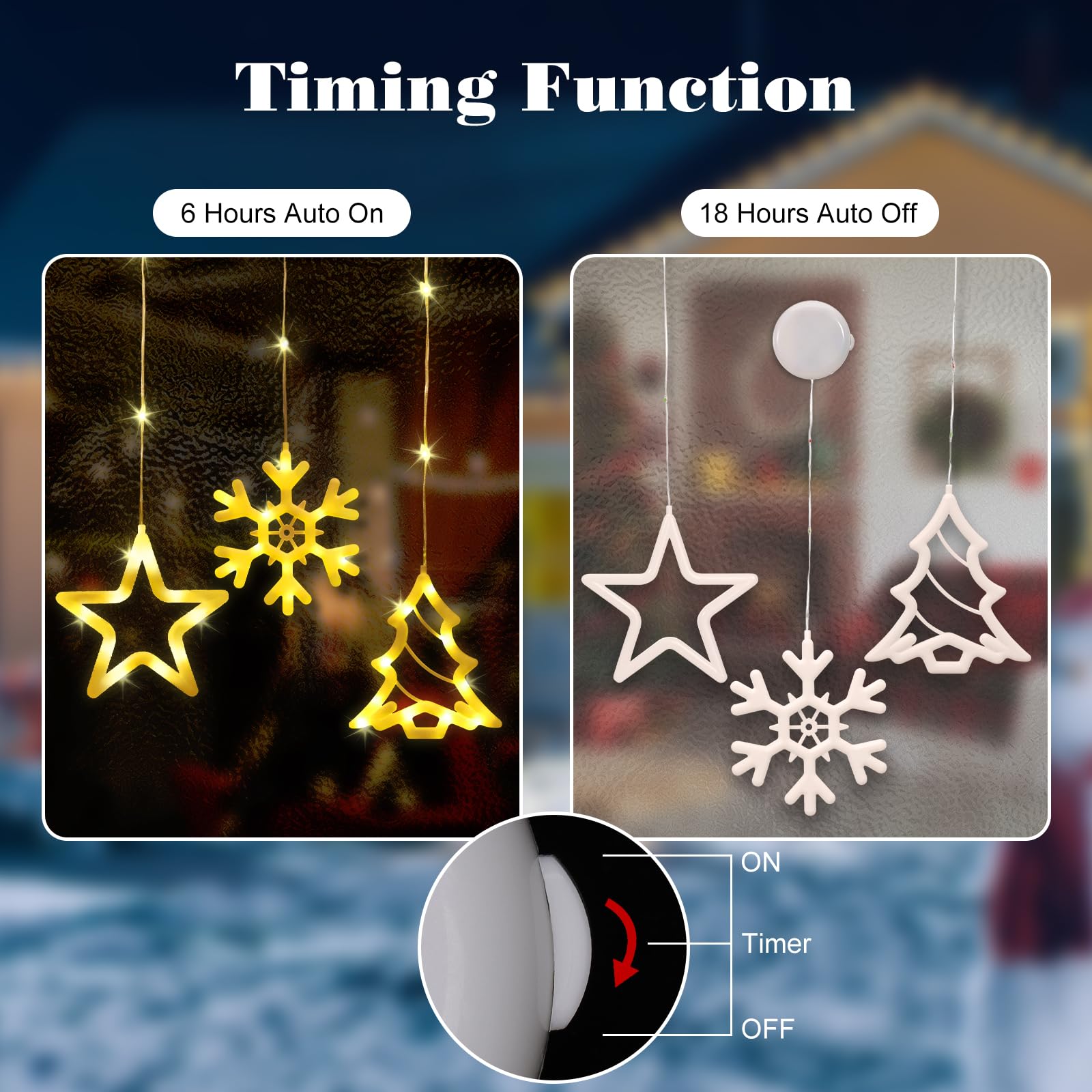 Lewondr 3Pcs Christmas Window Lights, Christmas Decoration Lights Star & Christmas Tree & Snowflake Shapes With Battery Powered, Suction Cup Hook, Timer For Xmas, Home, Party, Warm Light