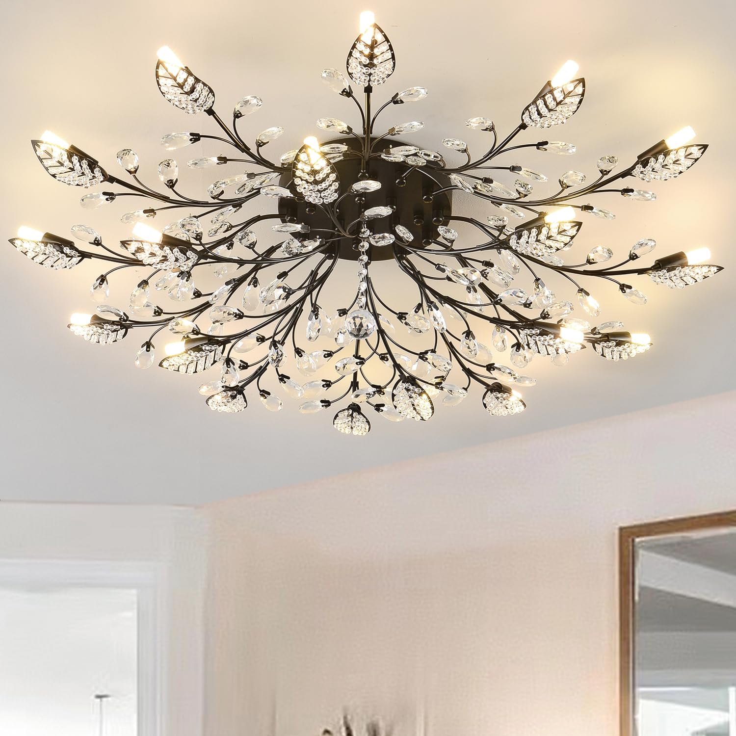 Ridiss Modern Crystal Ceiling Light Fixture, 18-Lights Semi Flush Mount, Black, Model SJD-15, Crystal and Metal Material