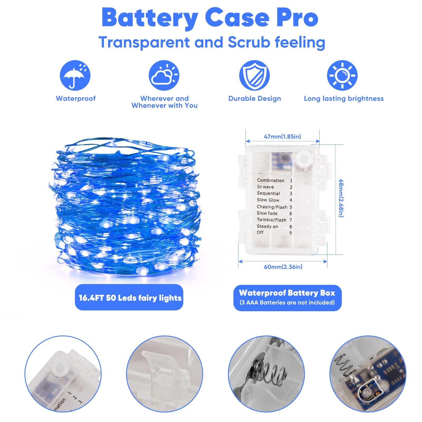 Ariceleo 1 Pack 16.4 Ft. Battery Operated Outdoor String Lights With Remote & Timer, Led Blue Fairy Lights, Waterproof Twinkle Lights For Bedroom, Dorm, Mason Jar, Wedding, Party, Christmas