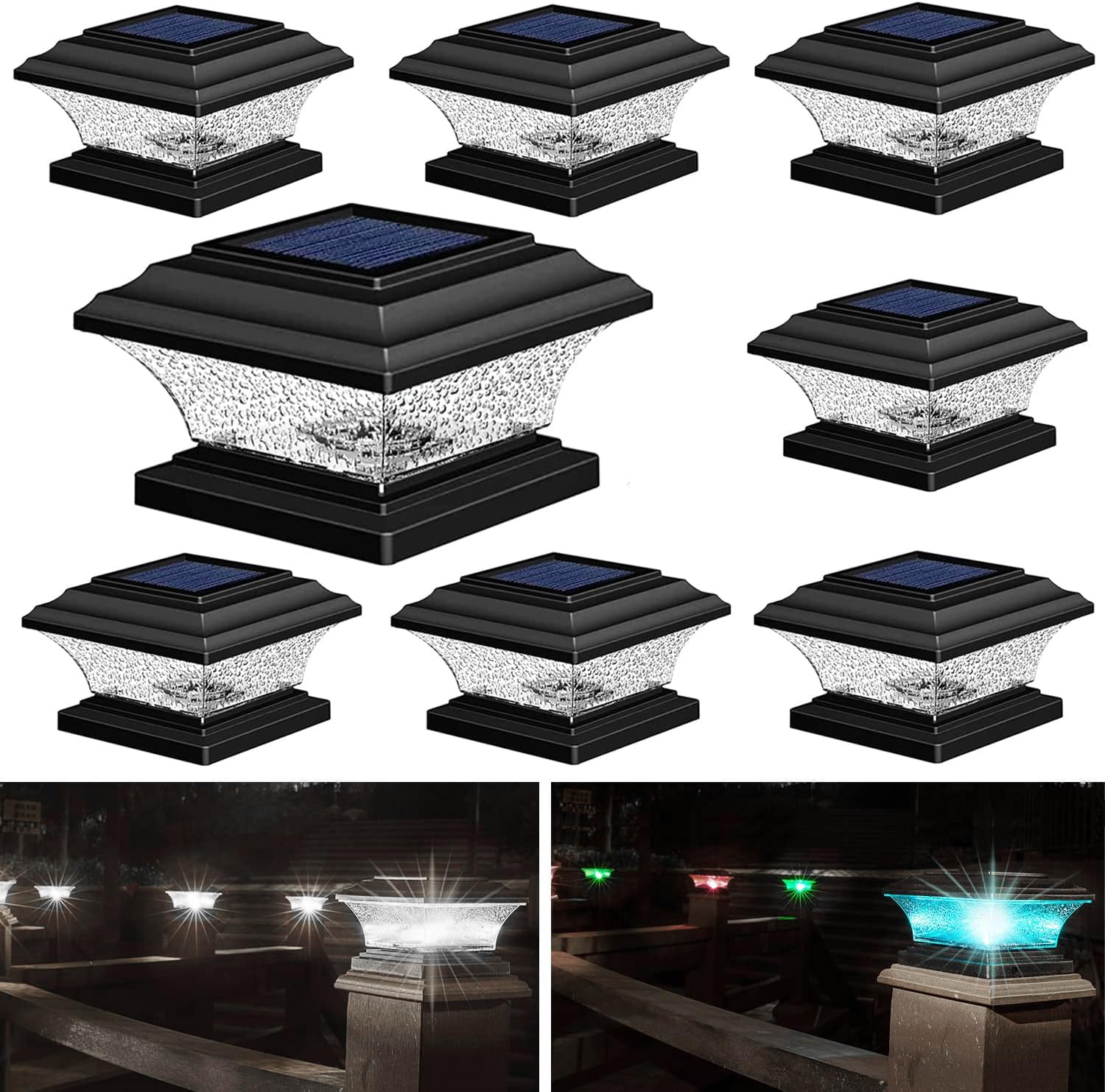 HUYIENO Solar Post Cap Lights Outdoor LED, Warm White/7 RGB, 4x4 5x5 Wooden Posts, Black, 8pk, Model HY1238-8